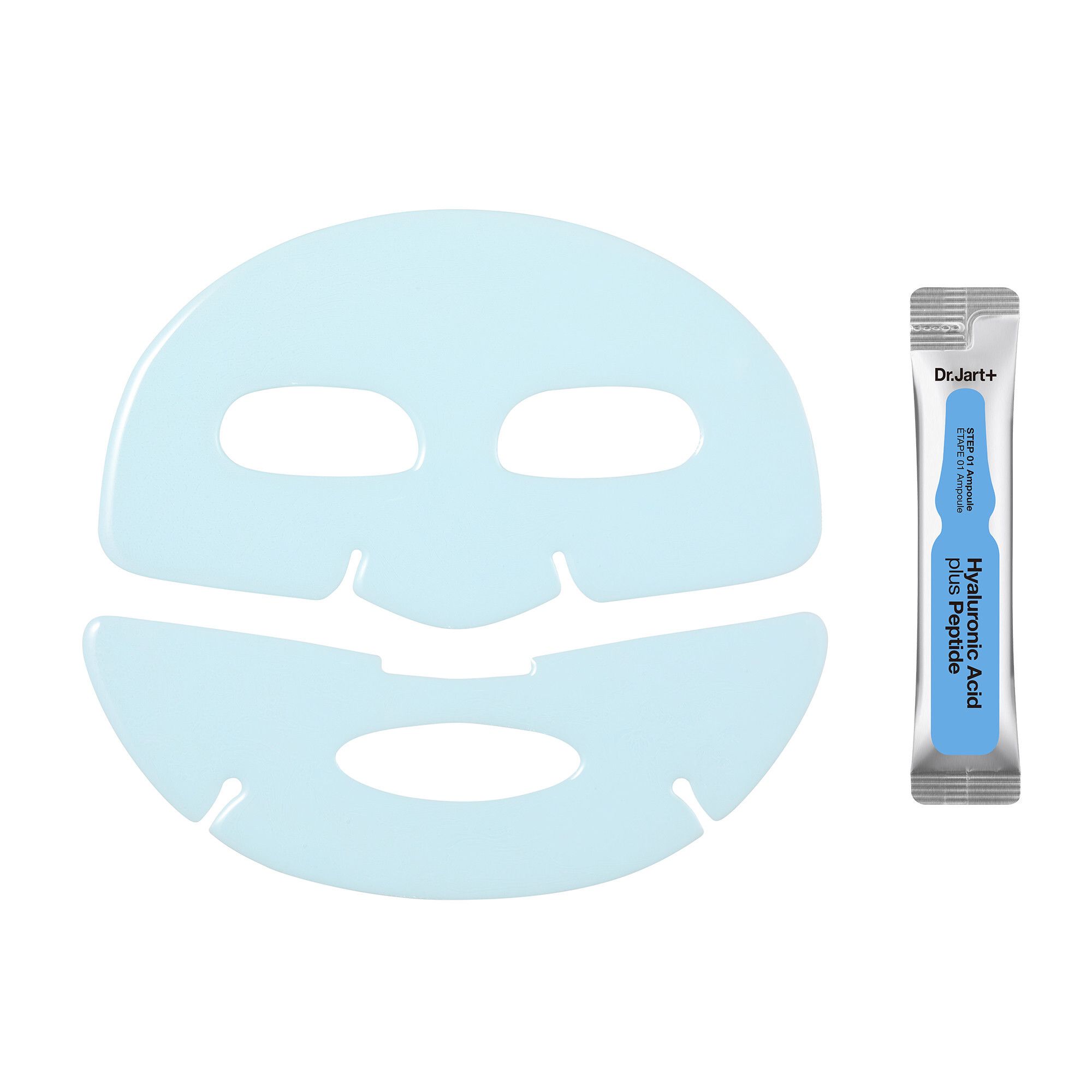 Masque facial bleu clair et ampoule. Masque avec ouvertures pour les yeux et la bouche. Ampoule avec texte: « Hyaluronic Acid plus Peptide ».