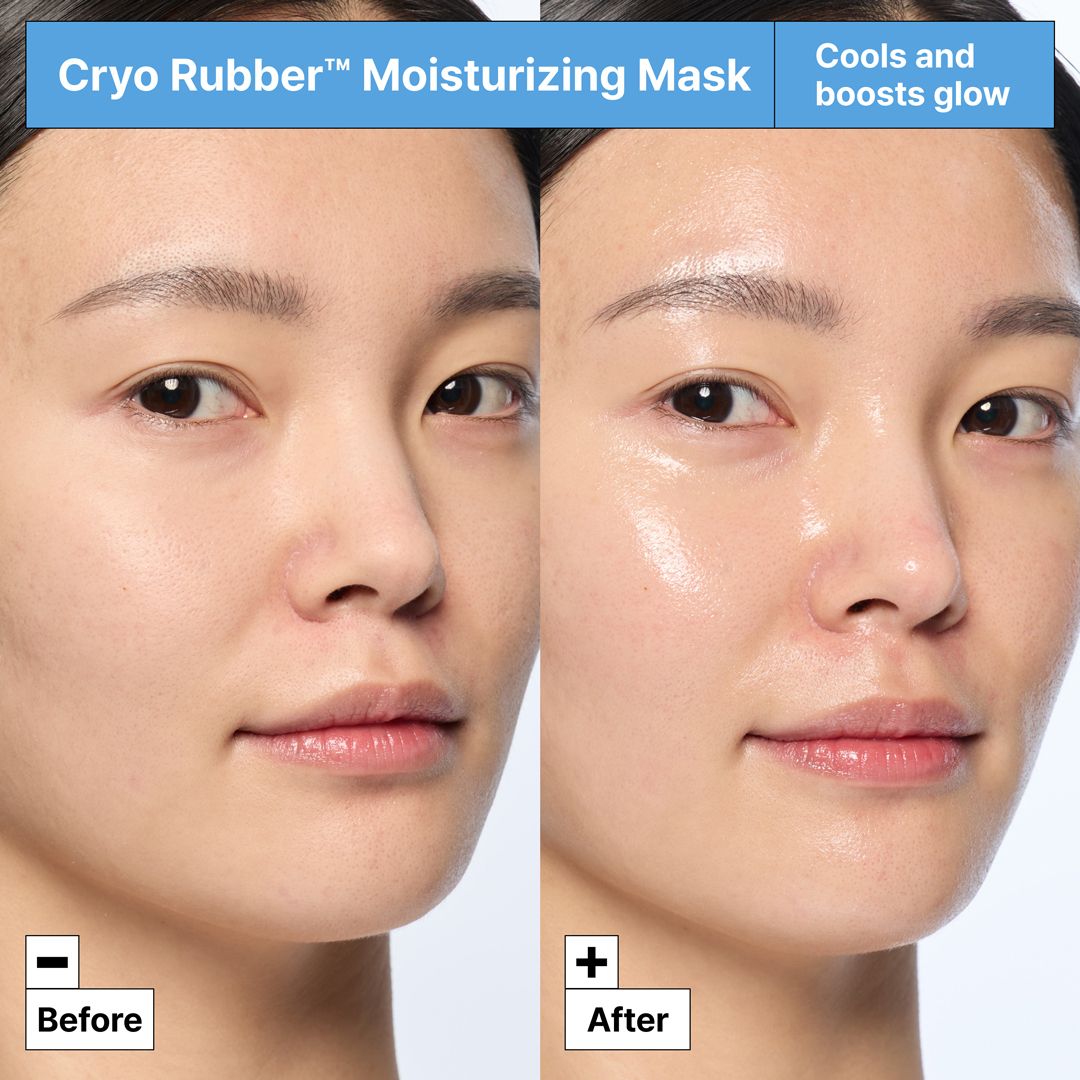 Comparaison avant-après. Visage avant et après utilisation. Texte: « Cryo Rubber™ Moisturizing Mask ».