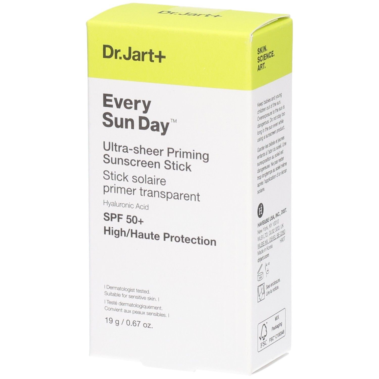 Emballage du stick solaire. Inscriptions: Dr. Jart+, Every Sun Day, SPF 50+, 19 g.