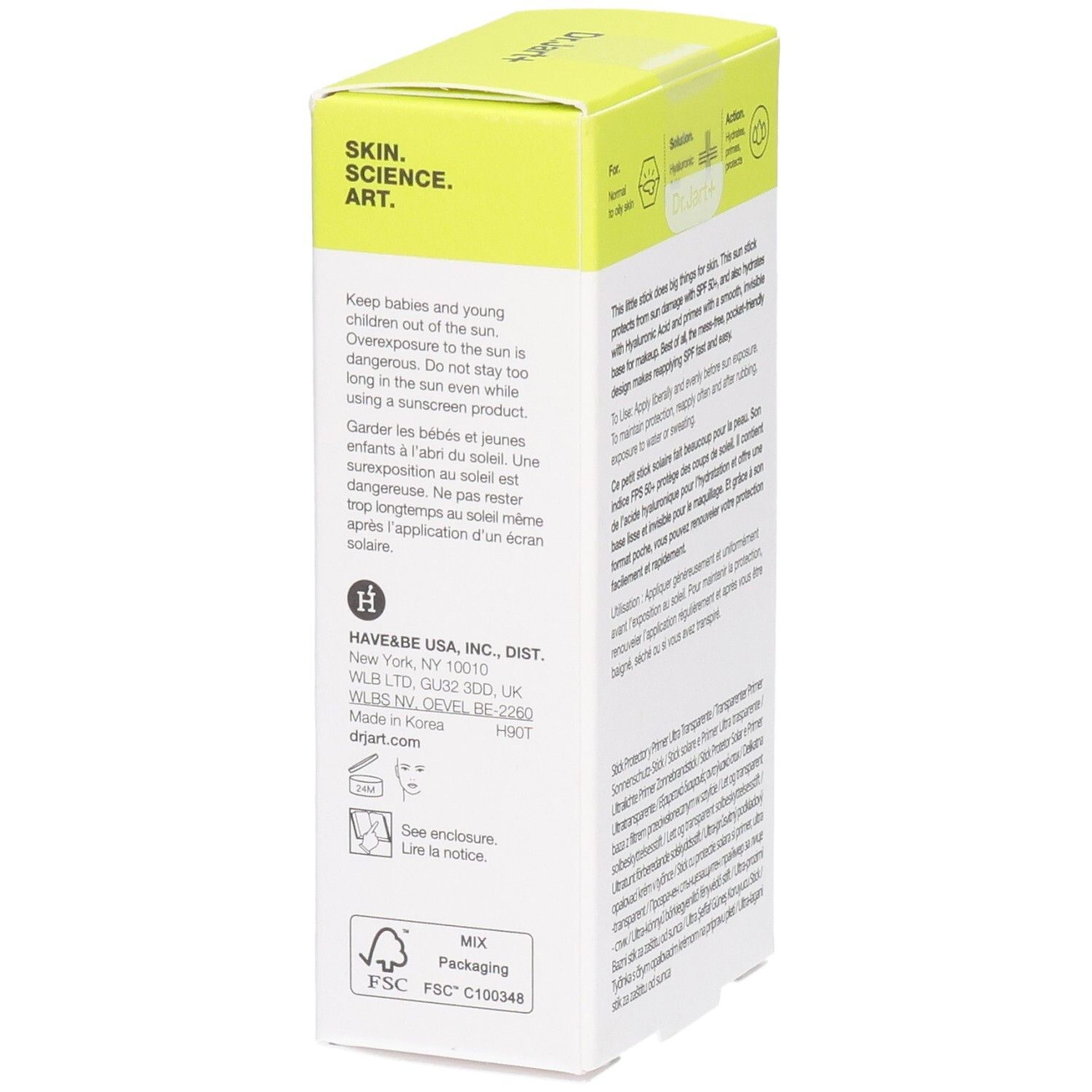 Emballage du stick solaire. Texte sur la protection solaire et les informations du fabricant.