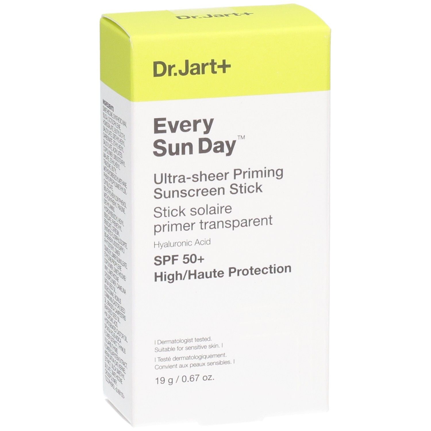 Emballage du stick solaire. Inscriptions: Dr. Jart+, Every Sun Day, SPF 50+, 19 g.