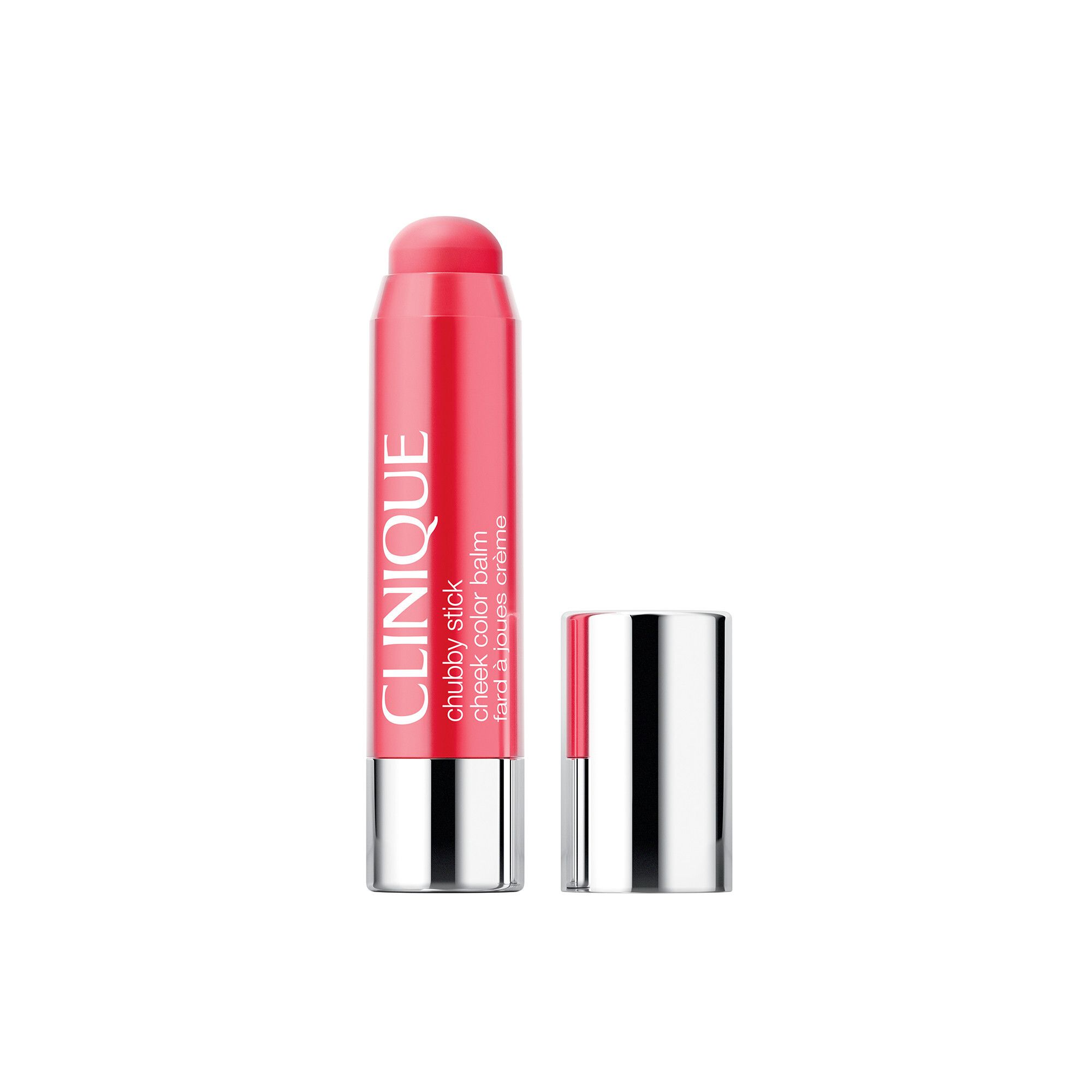 Clinique Chubby Stick, baume teinté pour les joues. Bâton rose, capuchon argenté. Capuchon séparé.