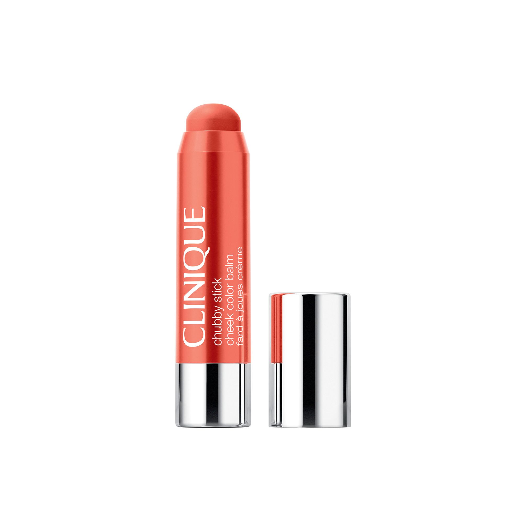 Clinique Chubby Stick™ Baume couleur joues. Bâton orange avec capuchon argenté. Nom du produit et marque visibles.
