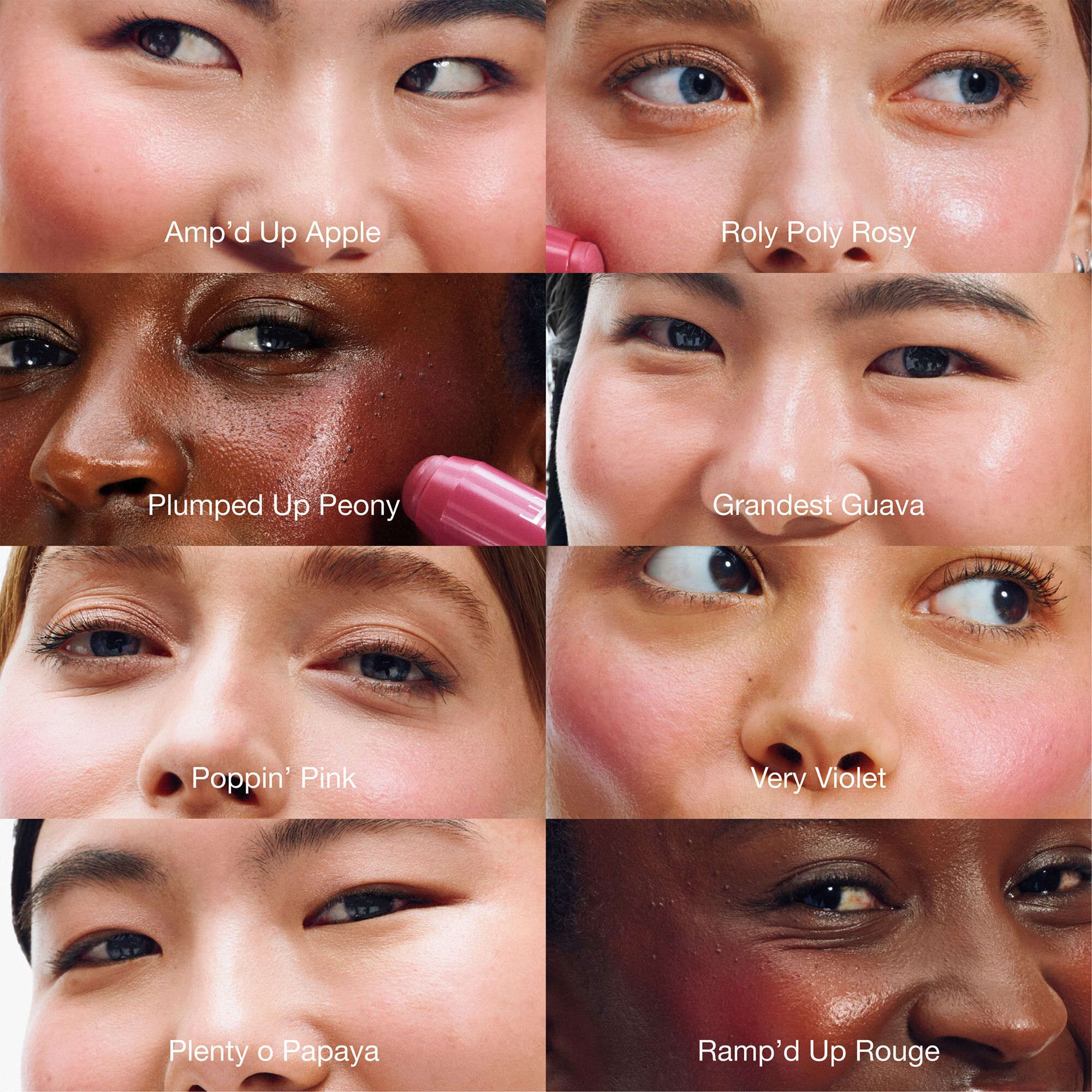 Yeux avec différentes teintes de Clinique Chubby Stick™ Baume couleur joues. Noms en dessous.