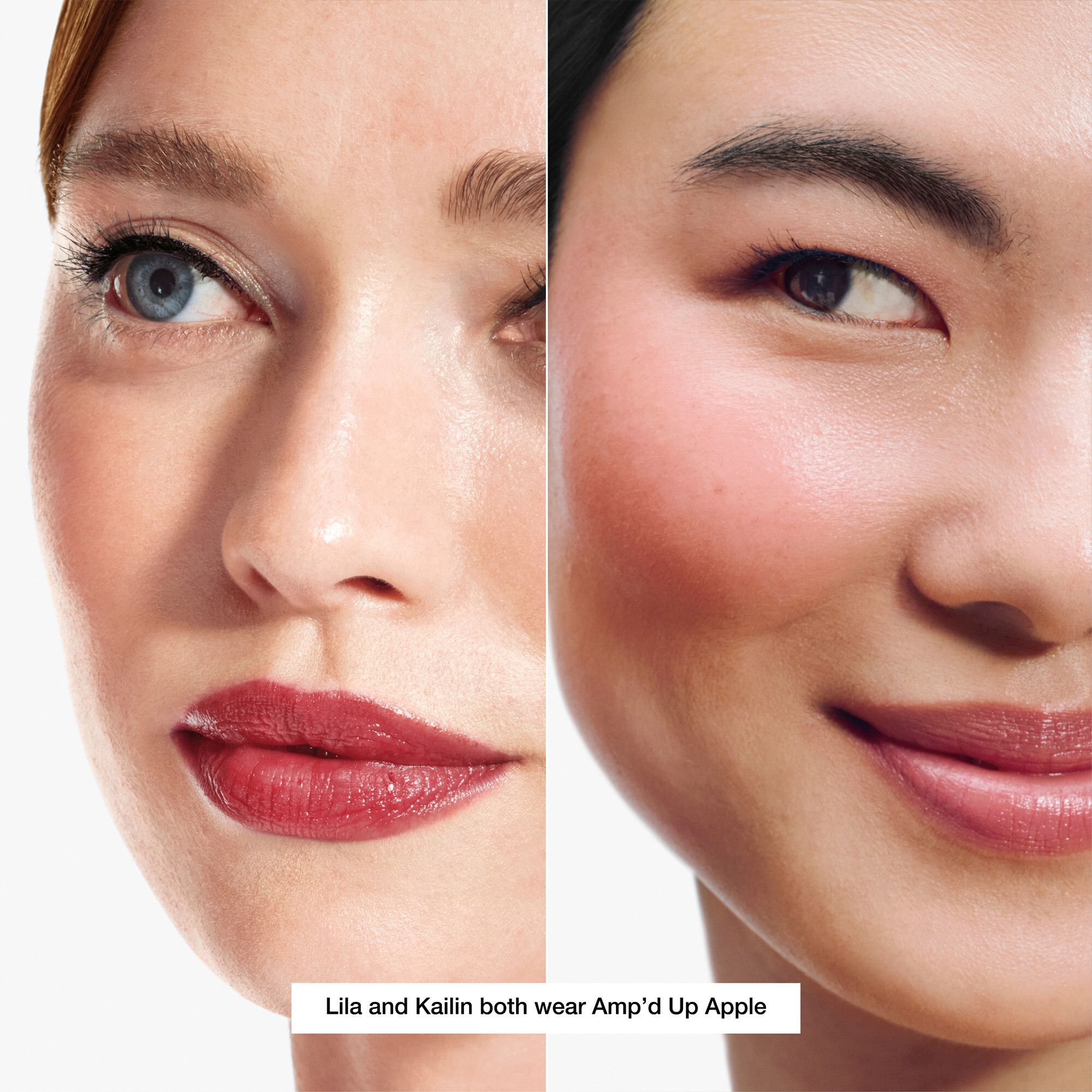 Deux visages, Lila et Kailin, portent Amp'd Up Apple. Rouge à lèvres appliqué.