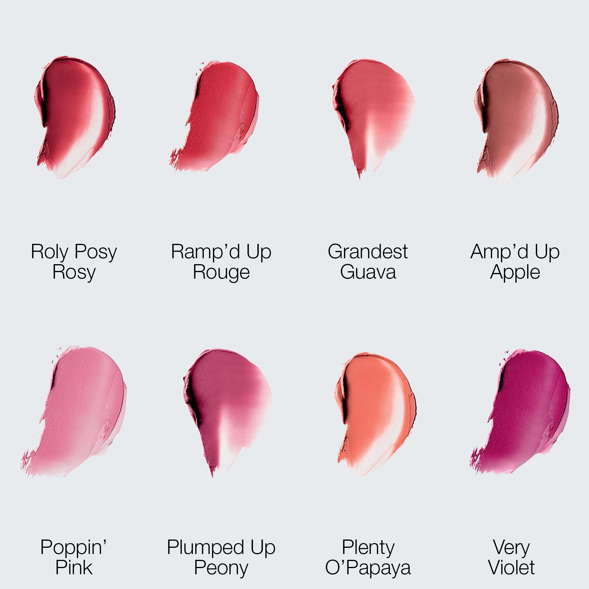Échantillons de couleurs Clinique Chubby Stick. Différentes couleurs, dont Plumped Up Peony.