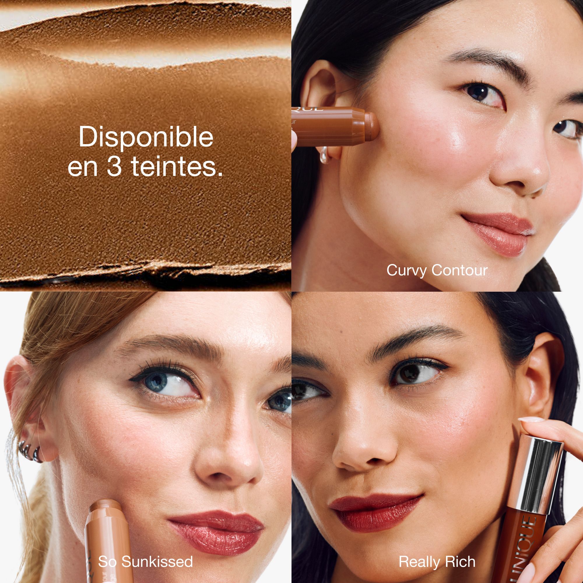 Quatre images. Clinique Chubby Stick. Exemples de teintes. Texte: 'Disponible en 3 teintes'.