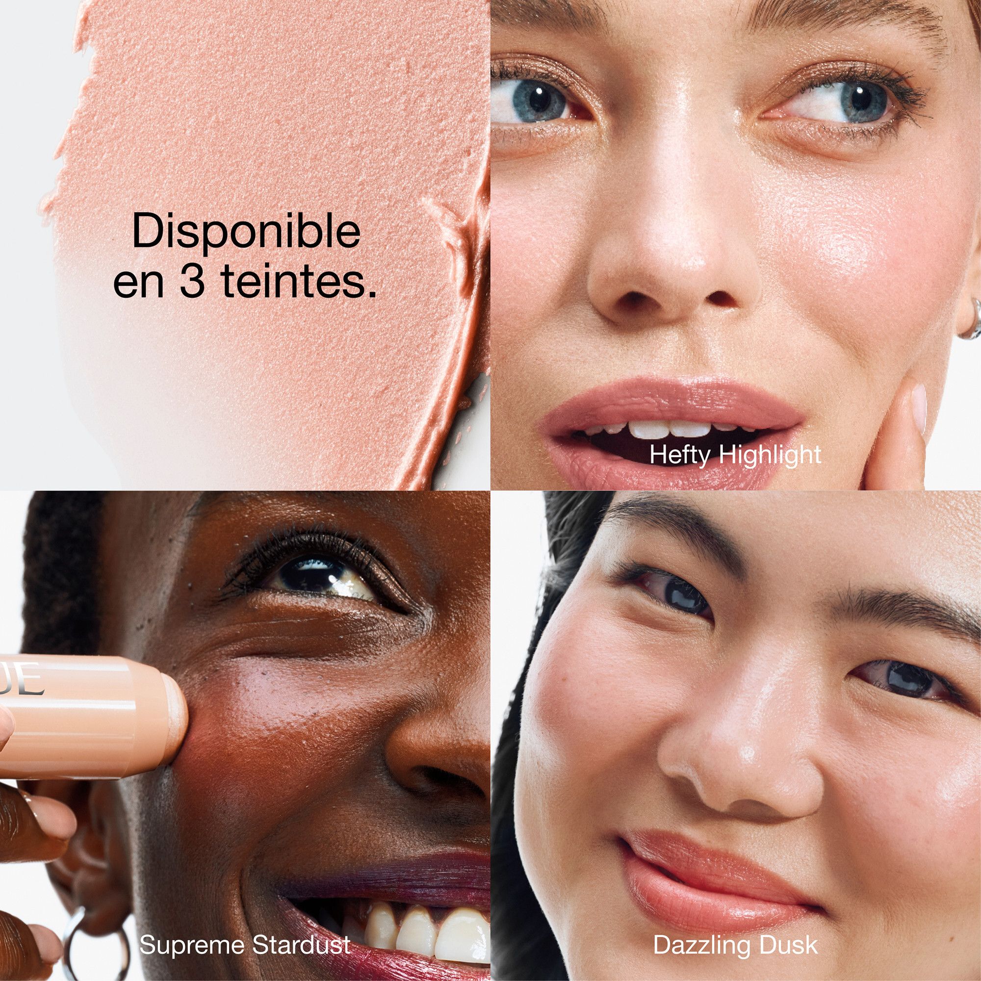 Visages avec highlighter. Texte: 'Disponible en 3 teintes'. Différents tons de peau.