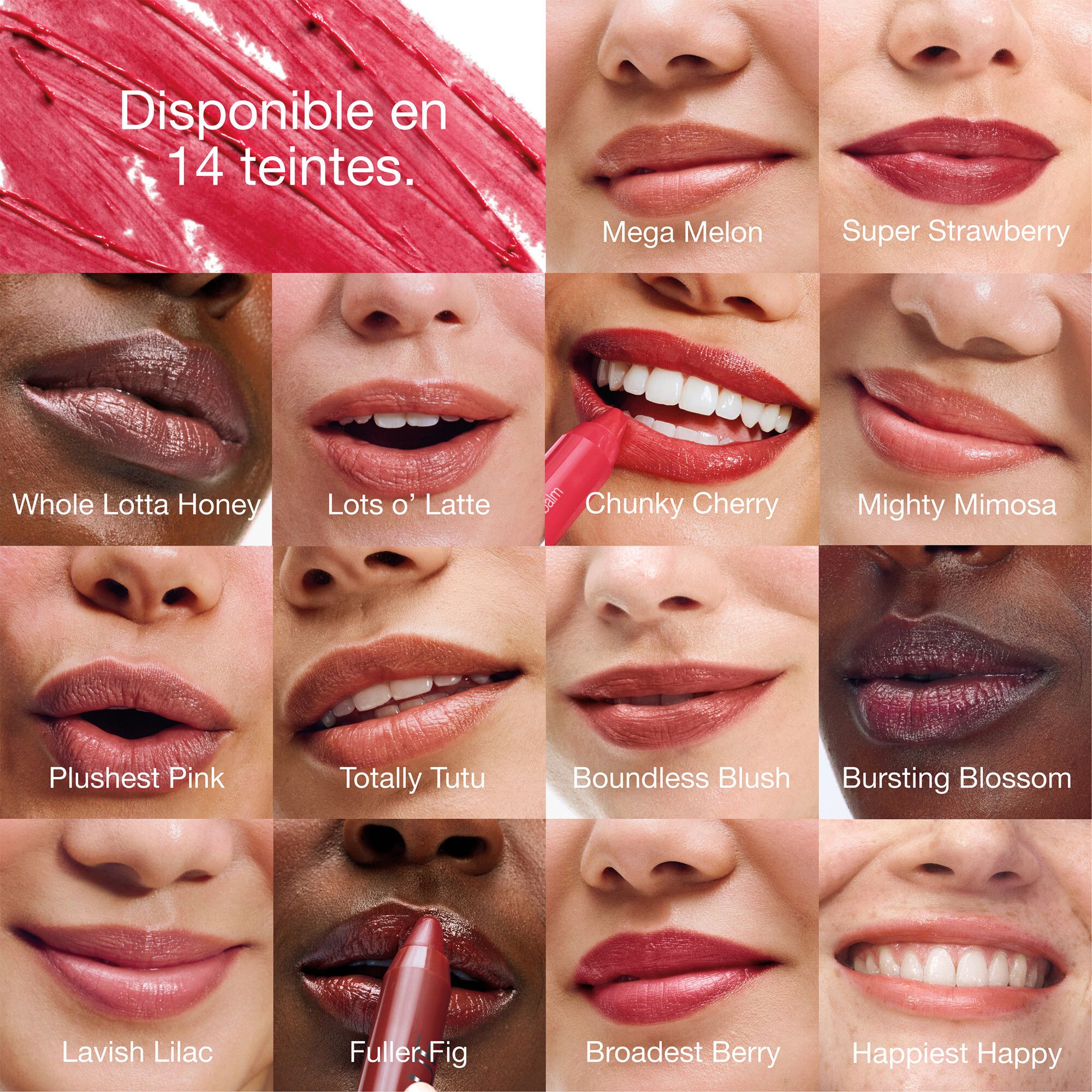 14 couleurs de lèvres présentées. Texte: Disponible en 14 teintes.