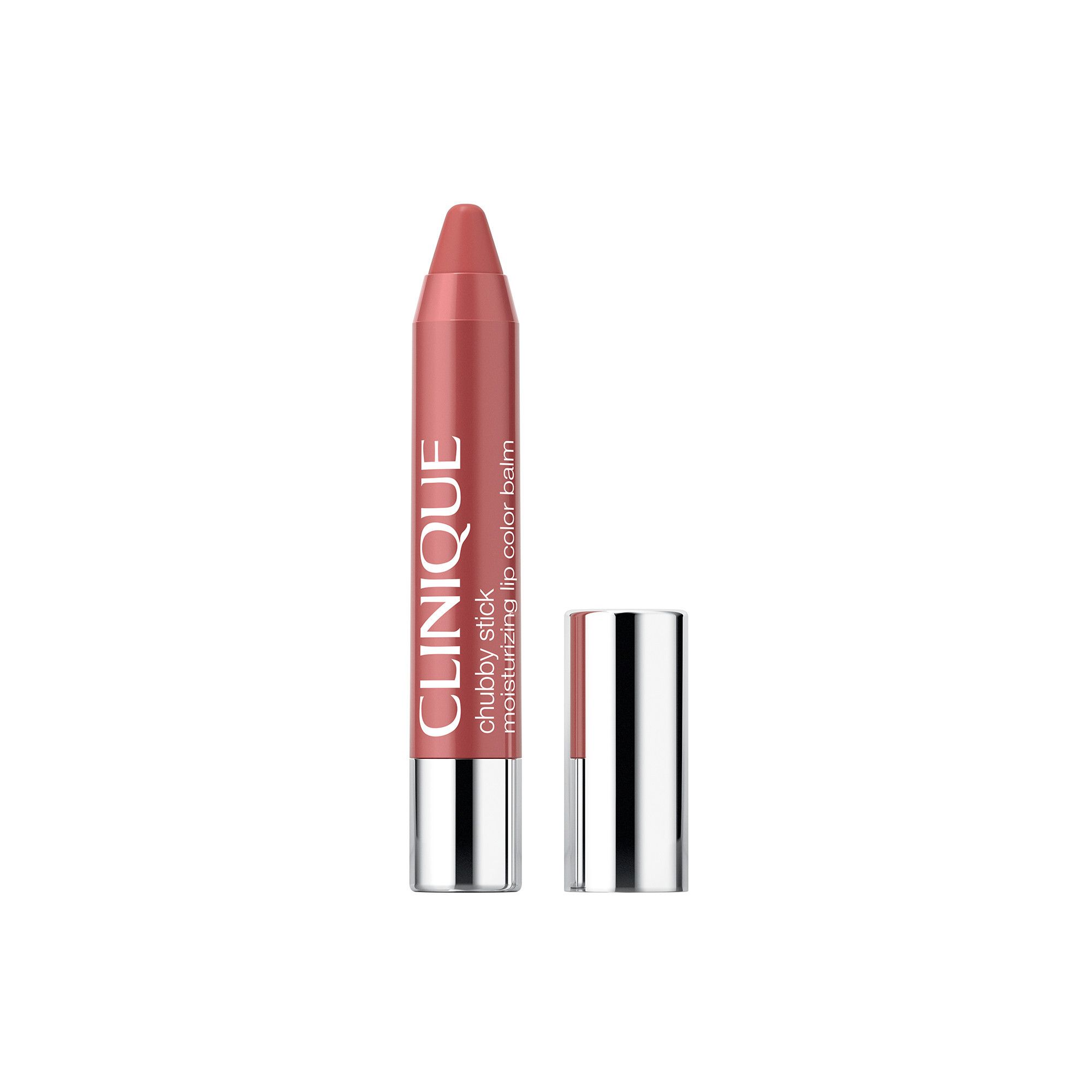 Clinique Chubby Stick, baume à lèvres rose. Capuchon argenté, étui ouvert. Nom du produit et marque visibles.