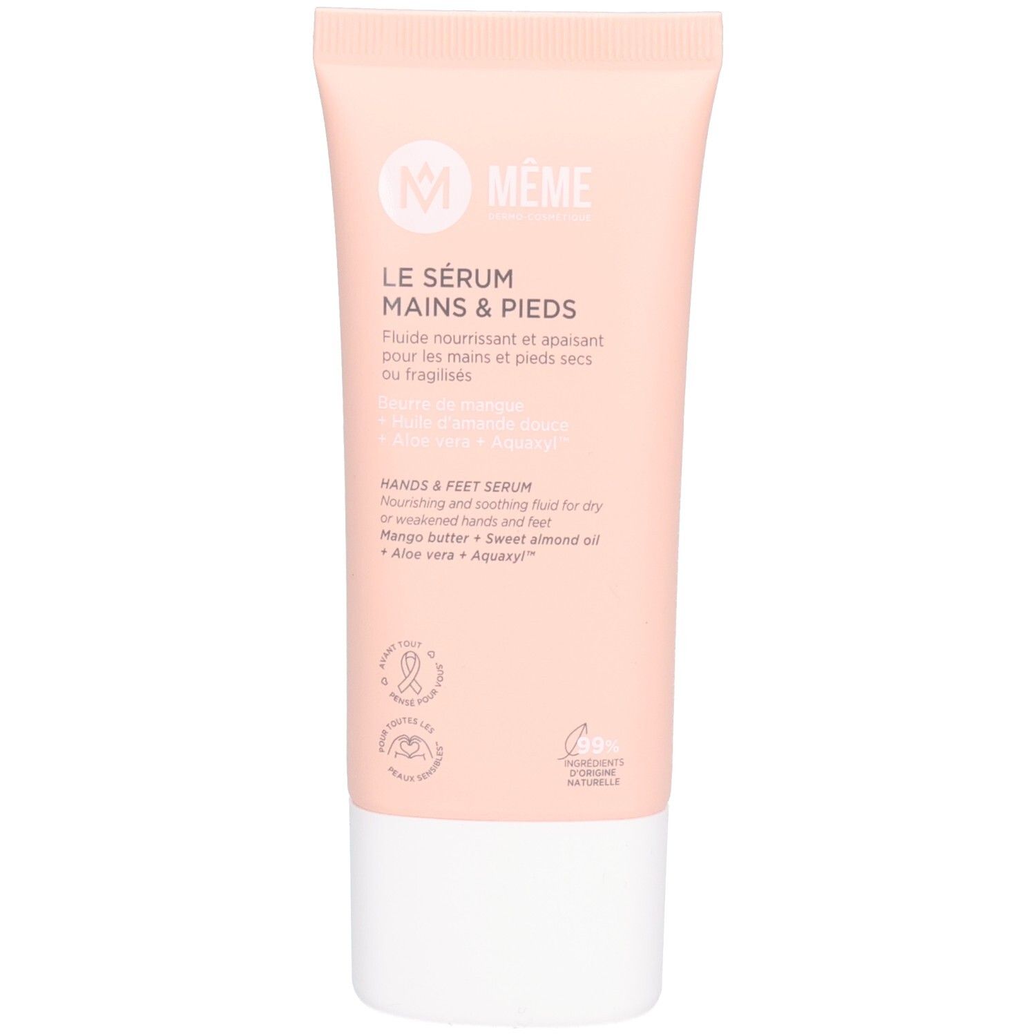 Tube rose avec bouchon blanc. Inscription : Même Le Sérum Mains & Pieds. Logo et informations produit.