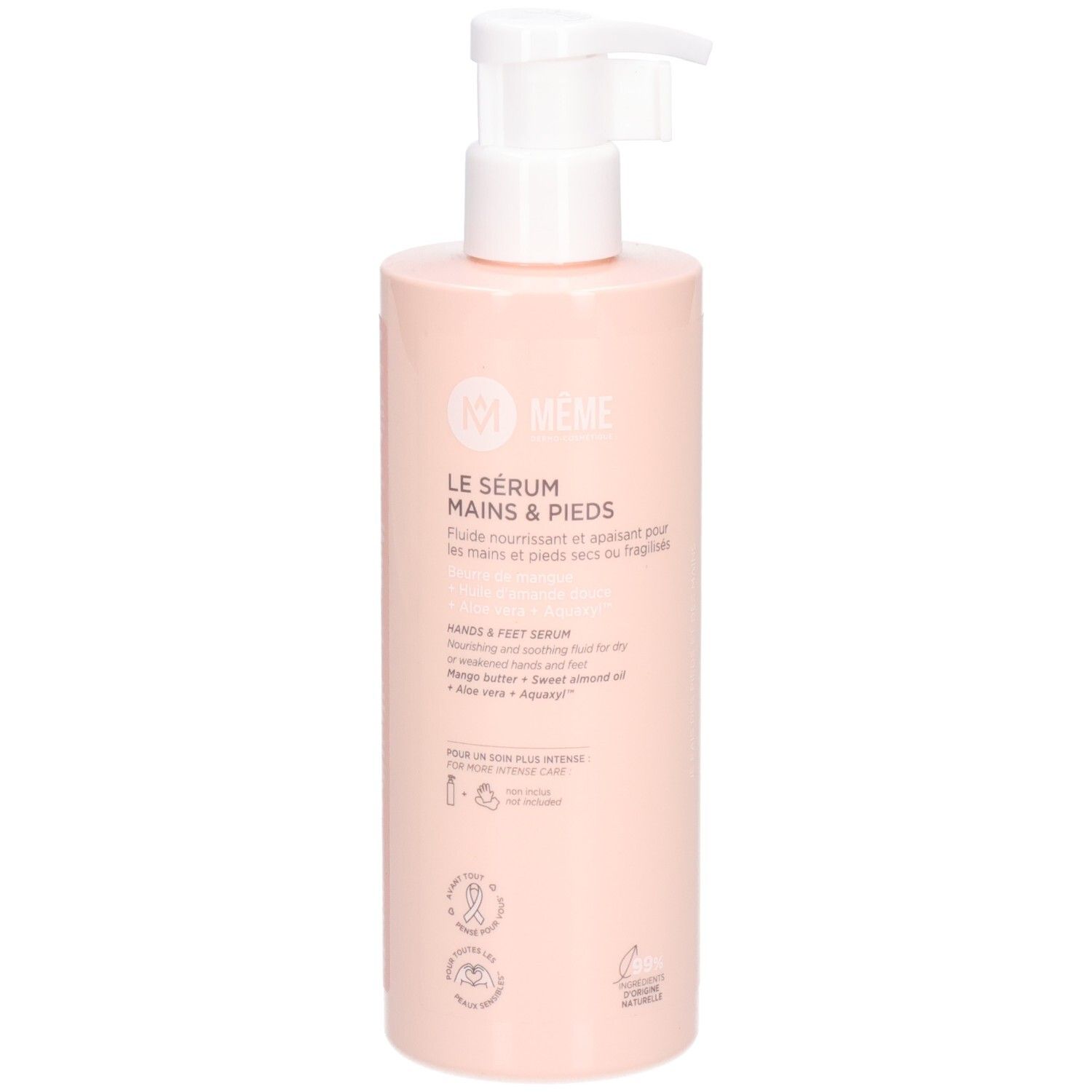 Flacon rose avec pompe blanche. Inscription: Le Sérum Mains & Pieds. Logo: Même. Contient Aloe Vera et beurre de karité.