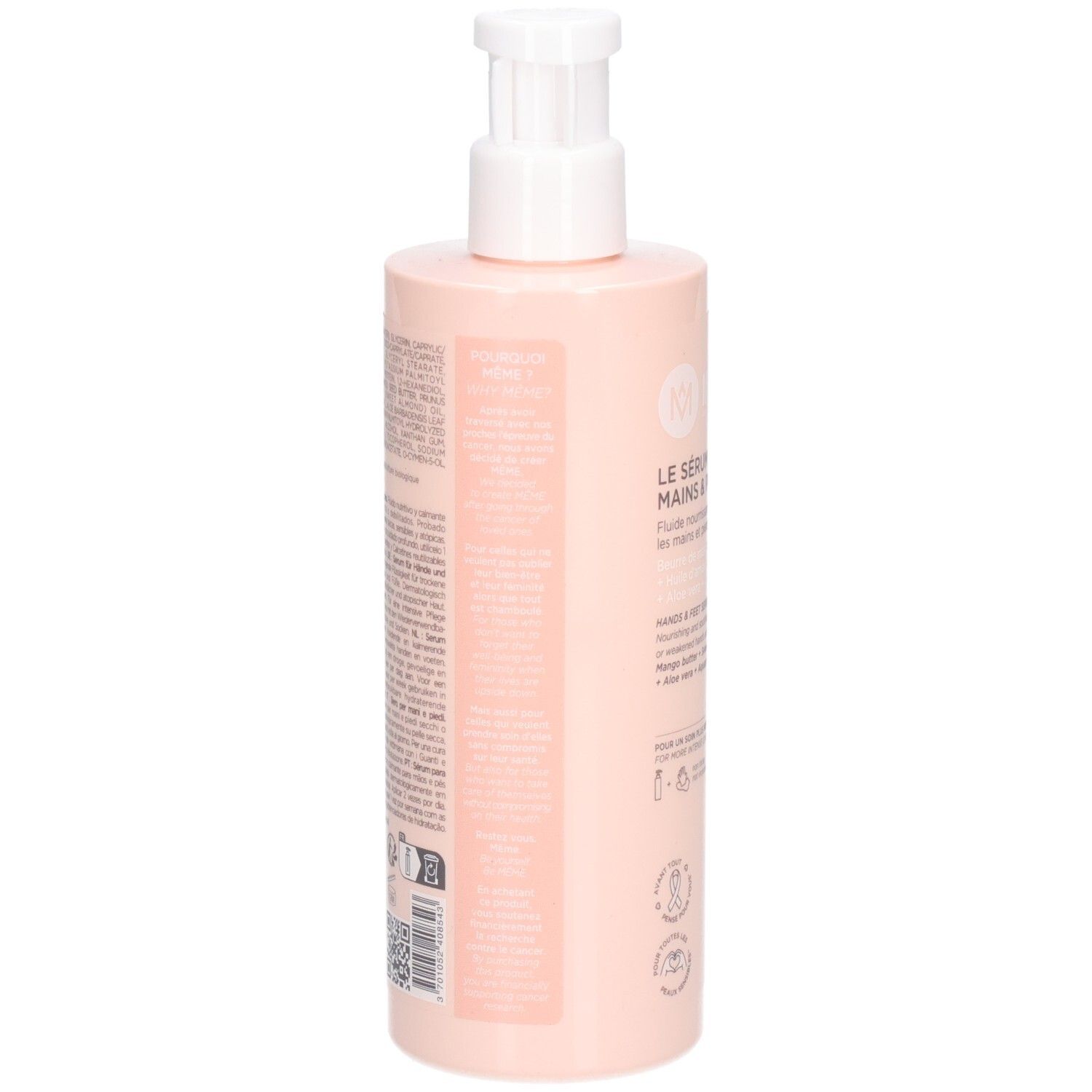 Dos du flacon rose. Texte avec ingrédients et informations. Logo: Même. Avec code QR et symboles de recyclage.