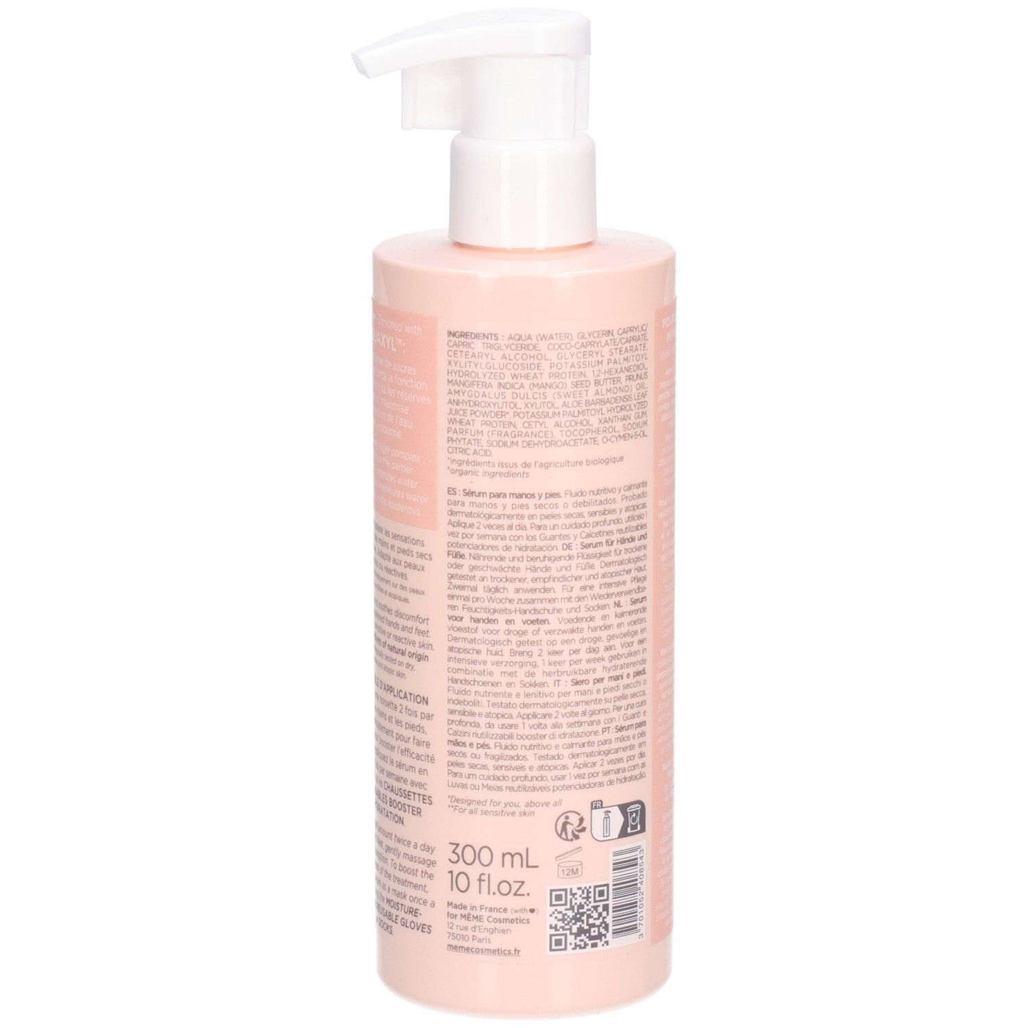 Dos du flacon rose. Texte avec ingrédients et informations. Volume: 300 ml. Avec code QR et symboles de recyclage.