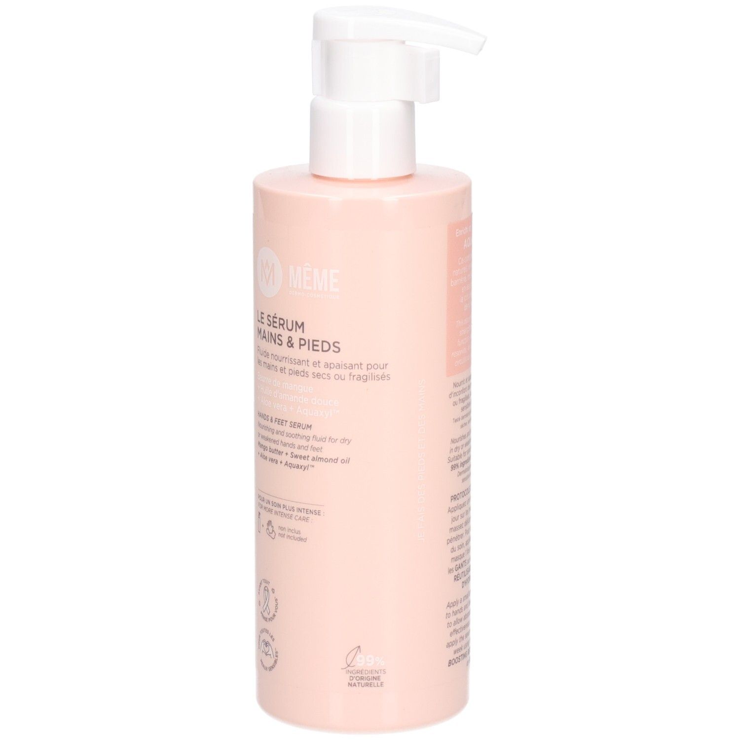 Flacon rose avec pompe blanche. Inscription: Le Sérum Mains & Pieds. Logo: Même. Contient Aloe Vera et beurre de karité.