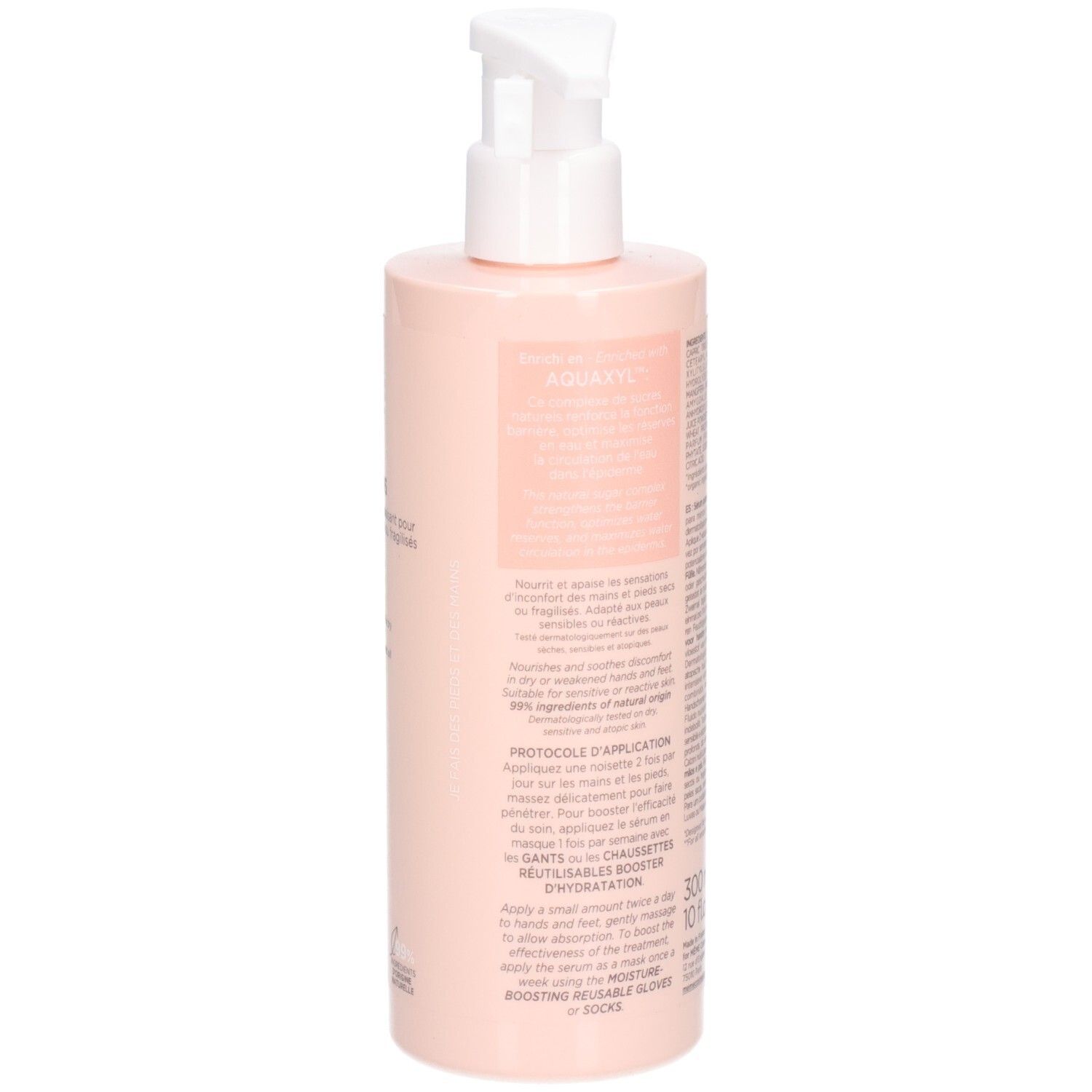 Dos du flacon rose. Texte avec instructions d'utilisation. Volume: 300 ml. Avec code QR et symboles de recyclage.