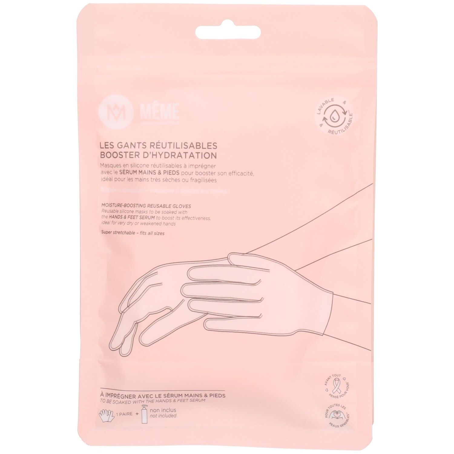 Sachet rose avec dessin de mains. Texte: „LES GANTS RÉUTILISABLES BOOSTER D'HYDRATATION“. Logo et texte: „MÉMÉ“. Gants réutilisables.