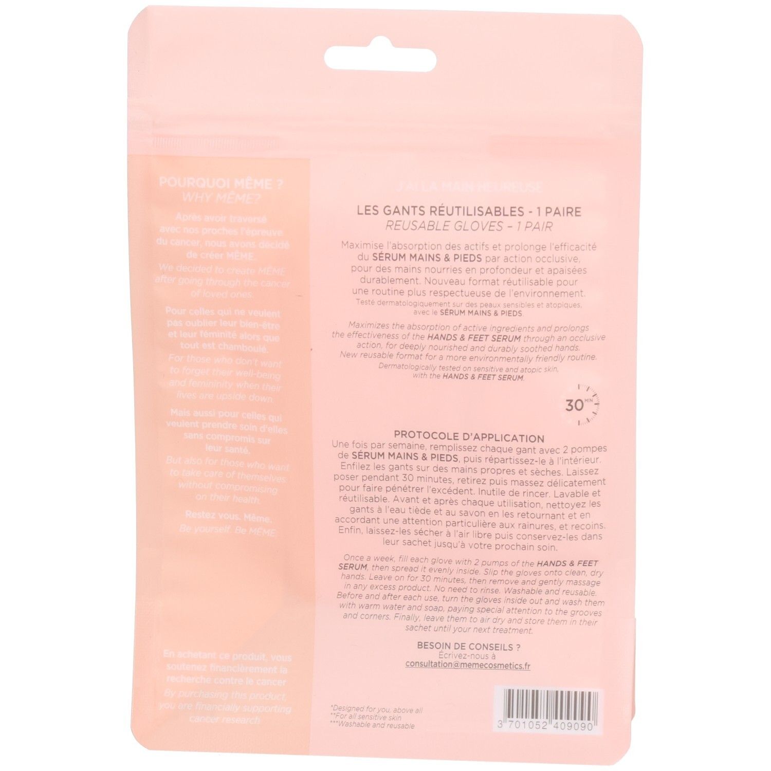 Dos du sachet rose. Texte: „LES GANTS RÉUTILISABLES - 1 PAIRE“. Texte et logo: „MÉMÉ“. Instructions d'utilisation et ingrédients.