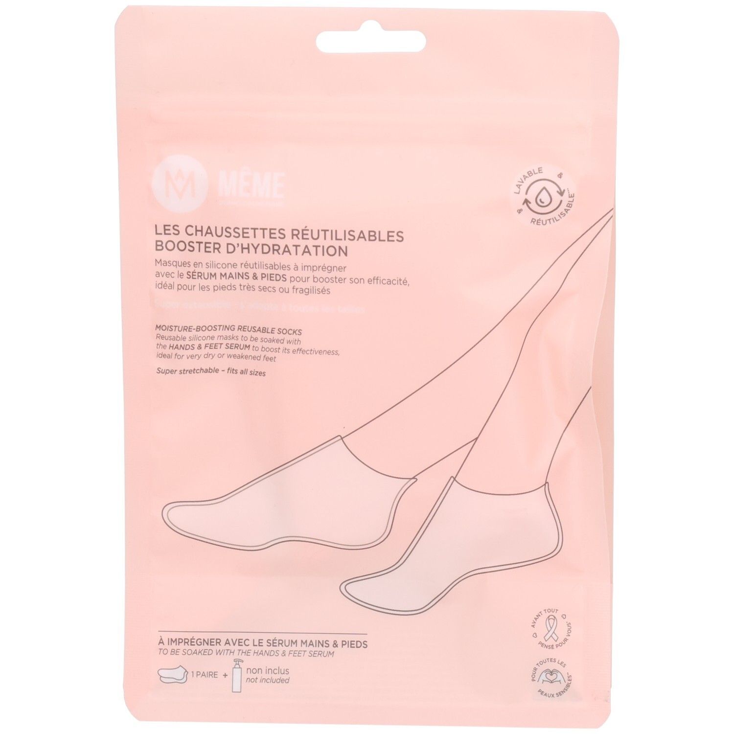 Emballage rose. Dessin de pieds dans des chaussettes. Texte: MEME, chaussettes réutilisables, booster d'hydratation.