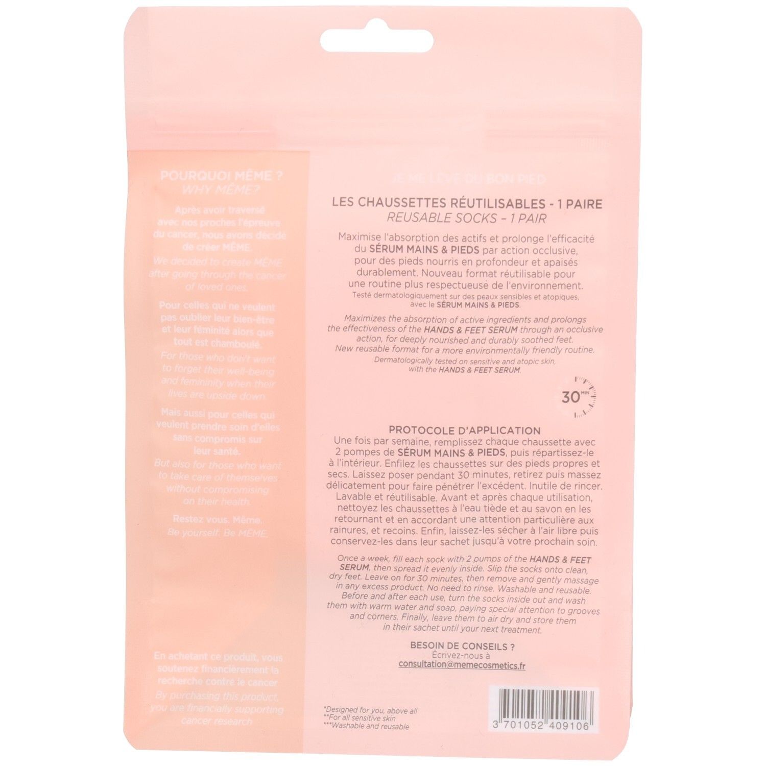 Dos de l'emballage rose. Texte: chaussettes réutilisables, 1 paire. Instructions d'utilisation et informations produit.
