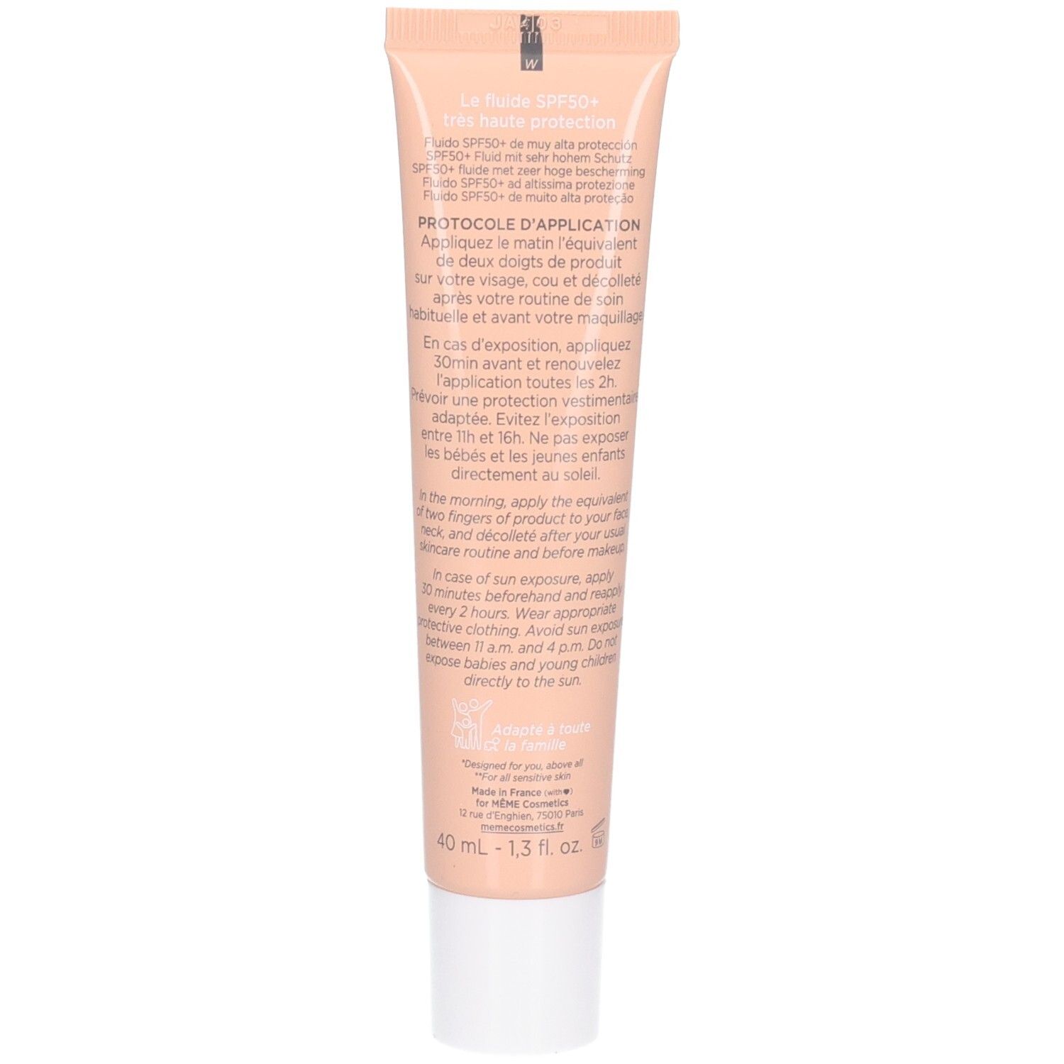 Dos du tube crème. Textes: instructions, ingrédients. Tube beige, bouchon blanc.