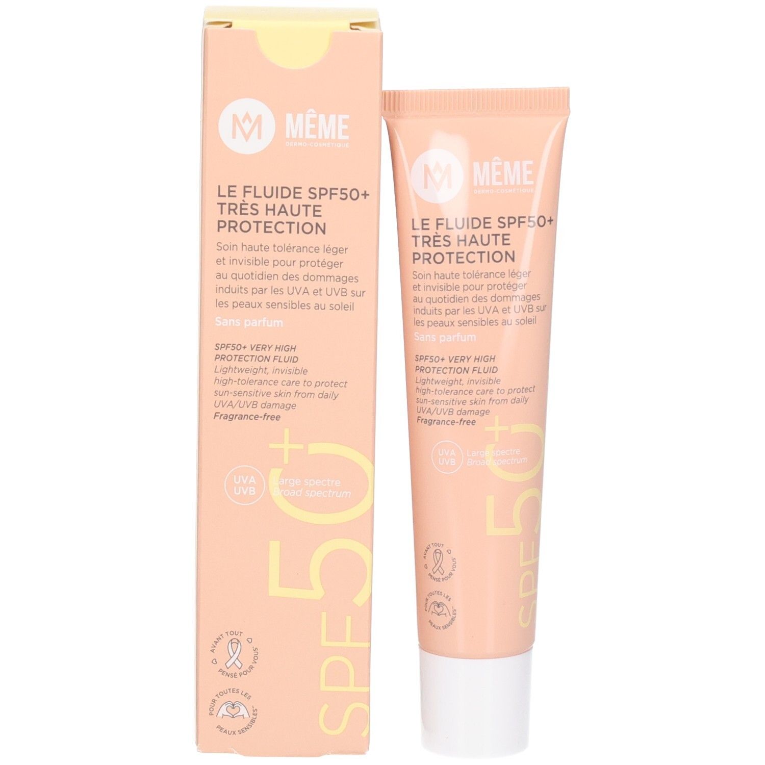 Emballage et tube. Emballage: carton beige avec nom du produit. Tube: beige, bouchon blanc.