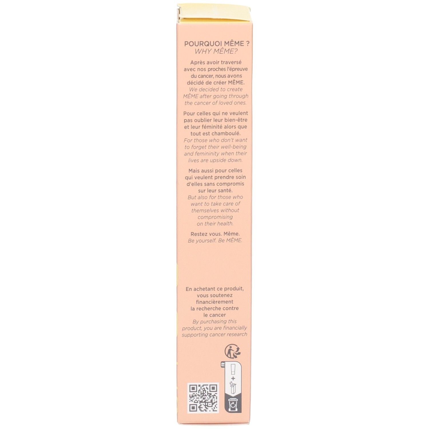 Côté de l'emballage du produit. Texte: informations sur Meme. Carton beige.