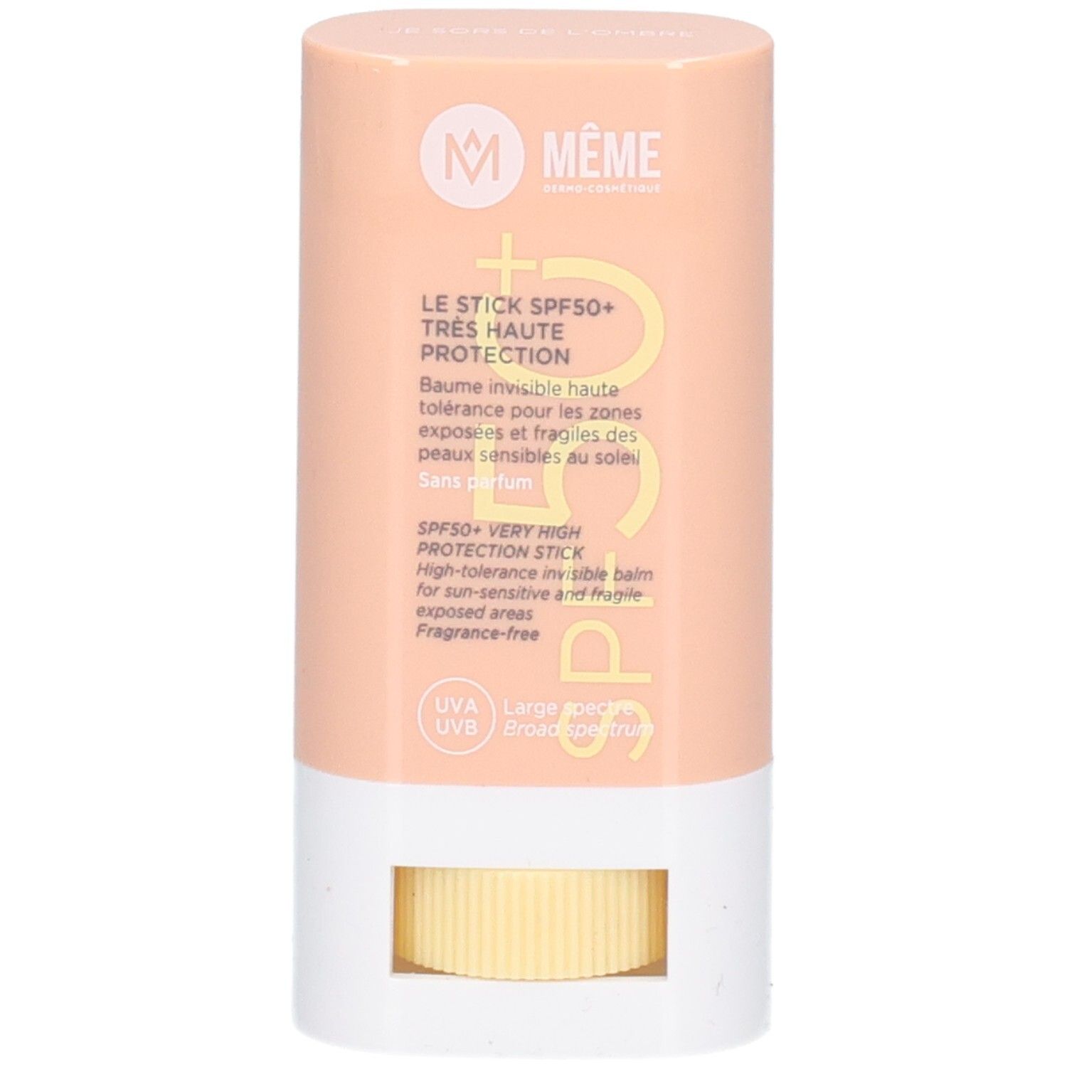 Stick cylindrique rose et blanc. Inscription: MEME, Le Stick SPF50+, Très Haute Protection. Applicateur jaune cannelé.