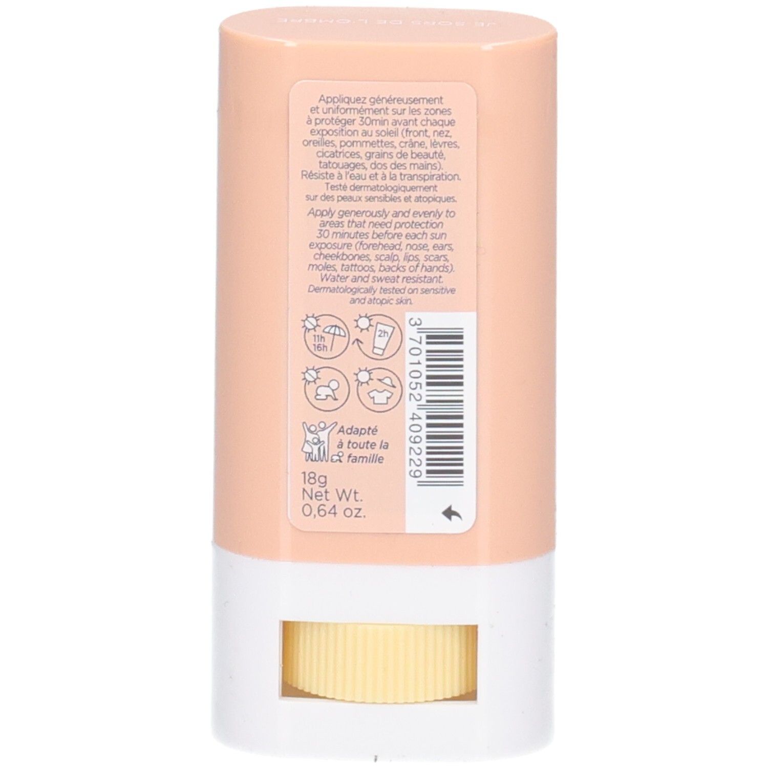 Dos du stick. Boîtier rose et blanc. Texte et symboles. Code-barres. Inscription: 18g Net Wt. 0.64 oz.