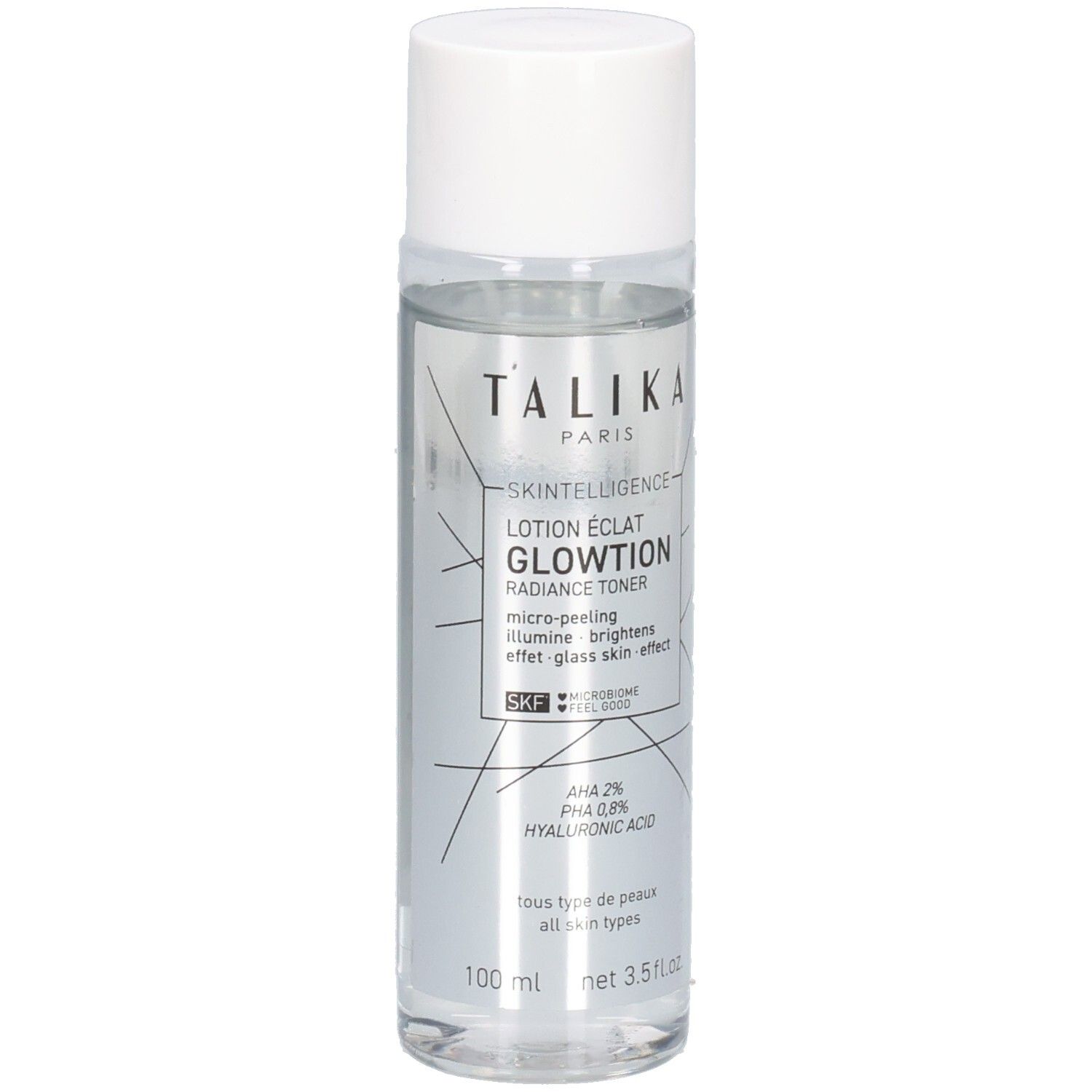 Flacon transparent, bouchon blanc. Inscription: TALIKA PARIS, GLOWTION, AHA 2%, acide hyaluronique. Volume: 100 ml.