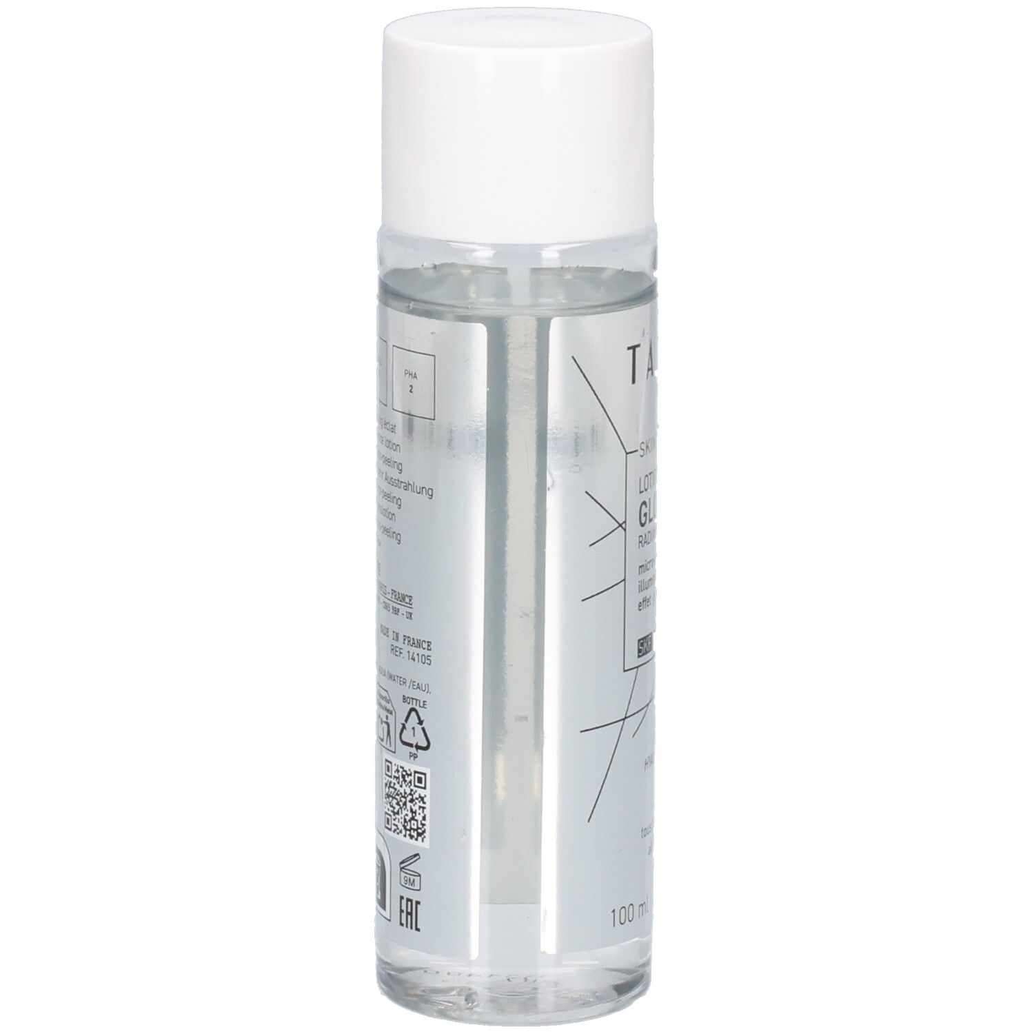 Flacon transparent, bouchon blanc. Inscription: TALIKA. Verso avec texte et code QR. Volume: 100 ml.