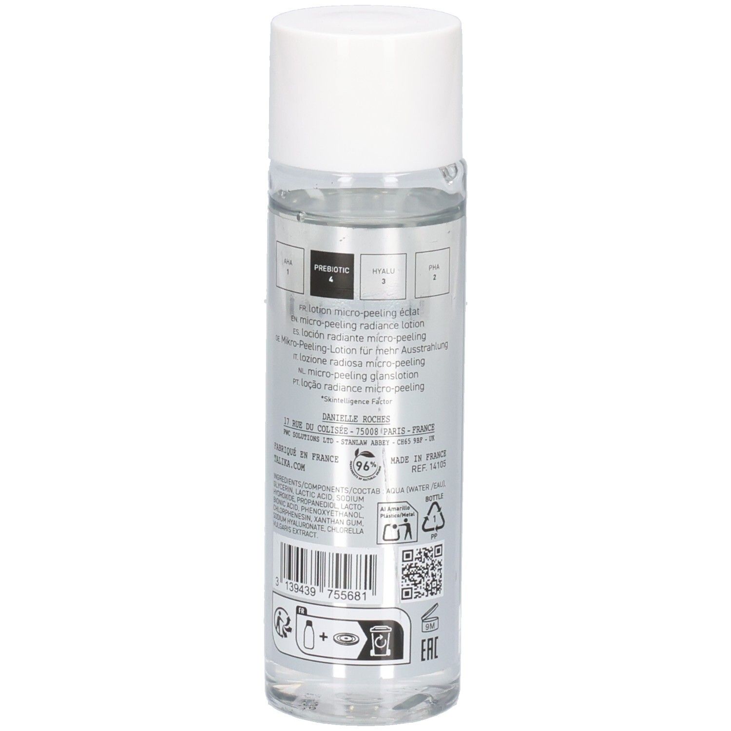 Flacon transparent, bouchon blanc. Verso avec texte, code QR et symboles de recyclage. Volume: 100 ml.
