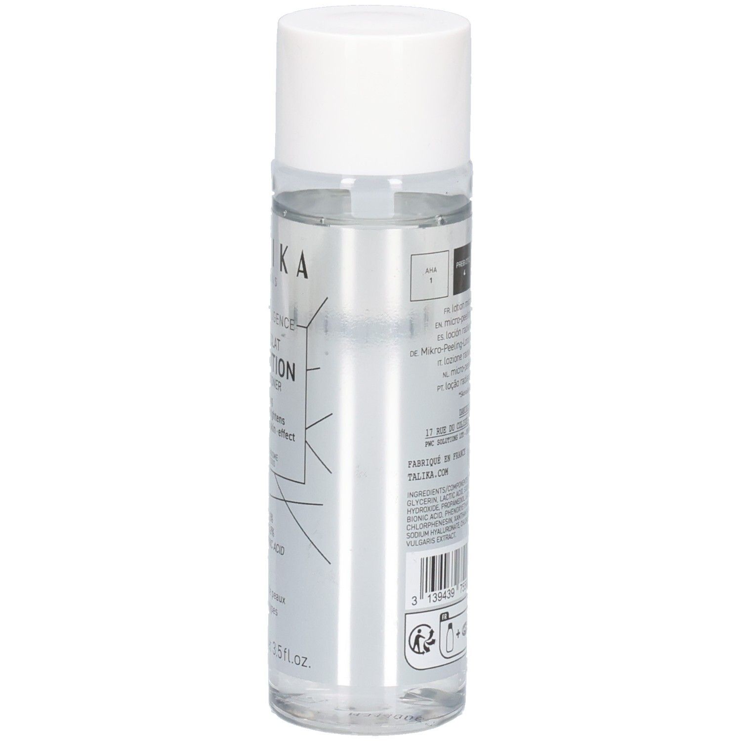 Flacon transparent, bouchon blanc. Inscription: TALIKA. Verso avec texte. Volume: 100 ml.