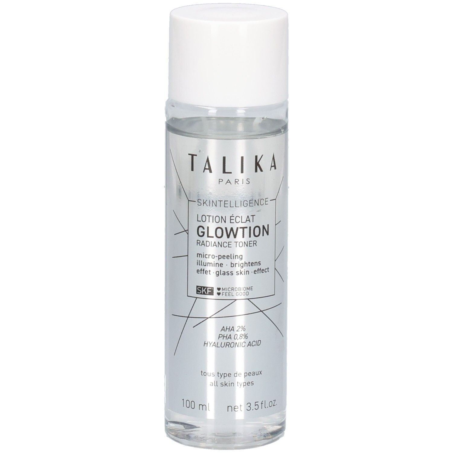 Flacon transparent, bouchon blanc. Inscription: TALIKA PARIS, GLOWTION, AHA 2%, acide hyaluronique. Volume: 100 ml.