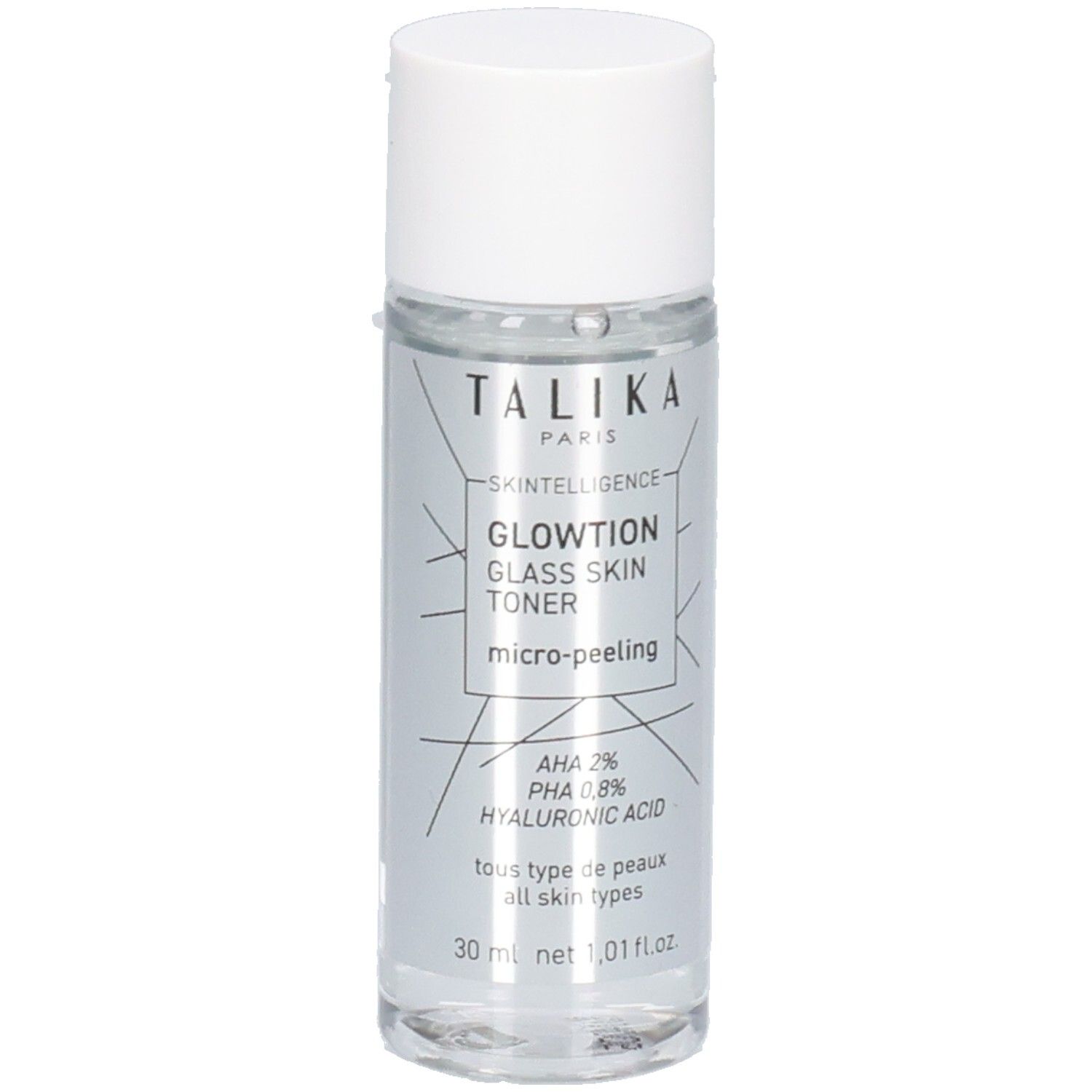 Flacon cylindrique transparent avec bouchon blanc. Contient du toner. Inscriptions: Talika, Glowtion, Glass Skin Toner.