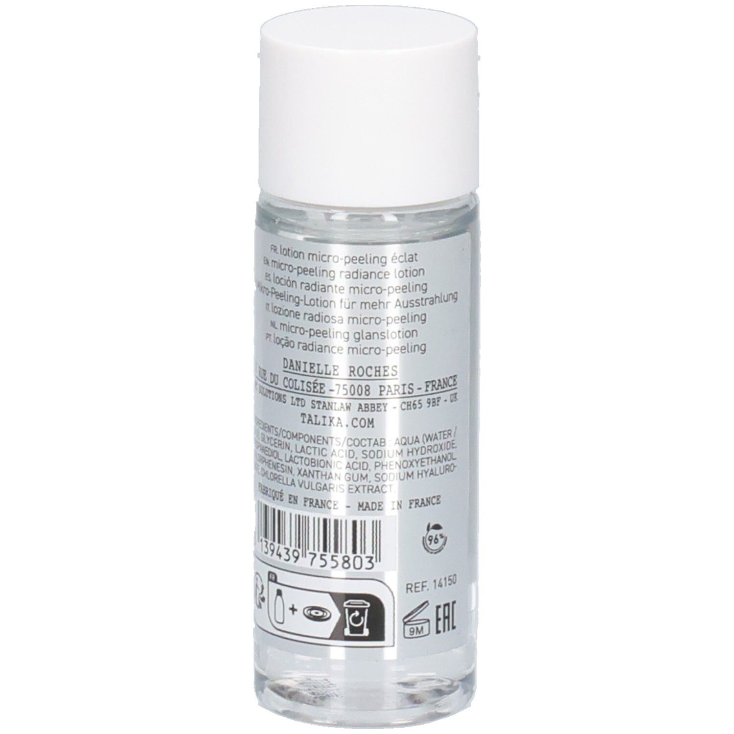 Dos du flacon de toner. Contient des informations sur les ingrédients et le fabricant. Avec bouchon blanc.