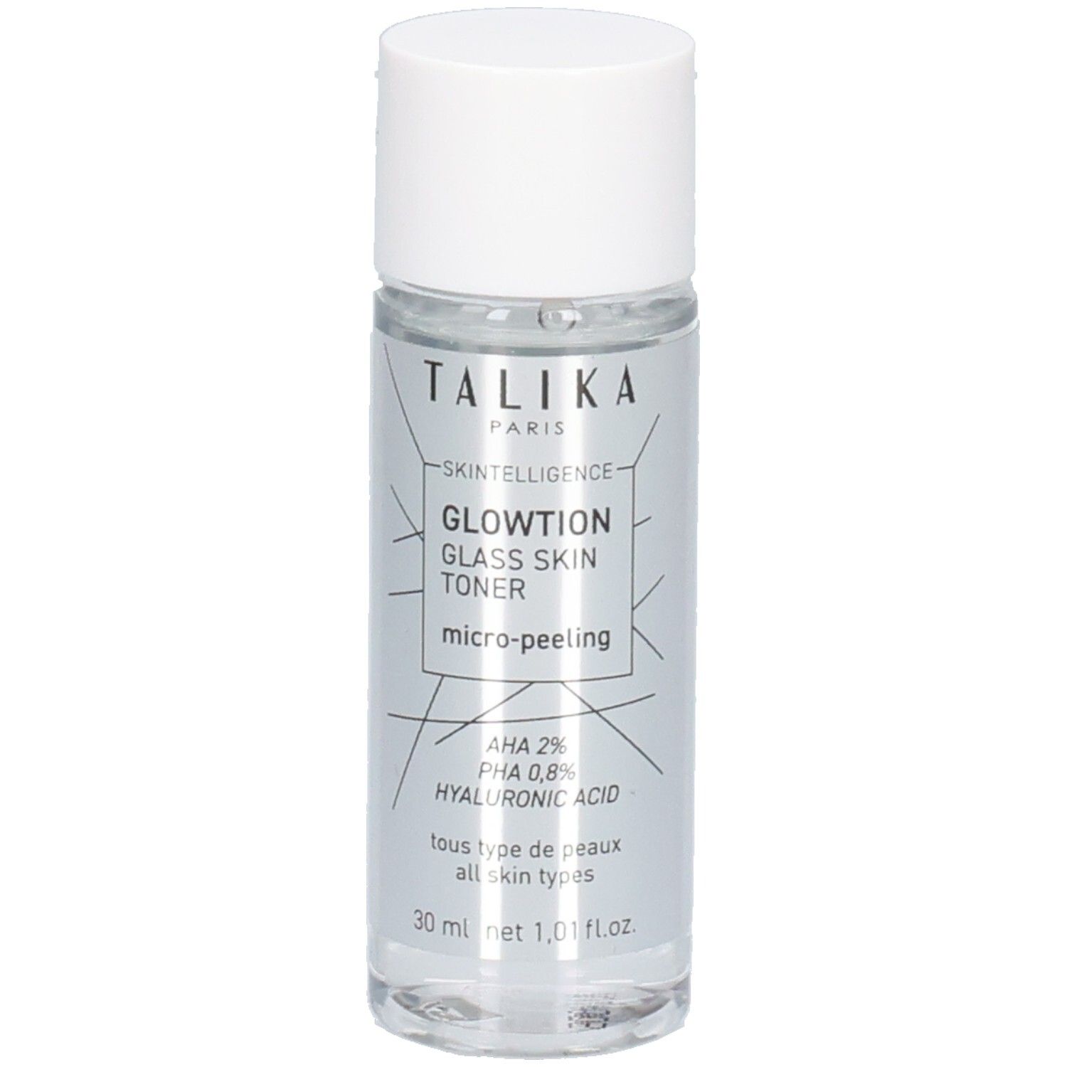 Flacon cylindrique transparent avec bouchon blanc. Contient du toner. Inscriptions: Talika, Glowtion, Glass Skin Toner.