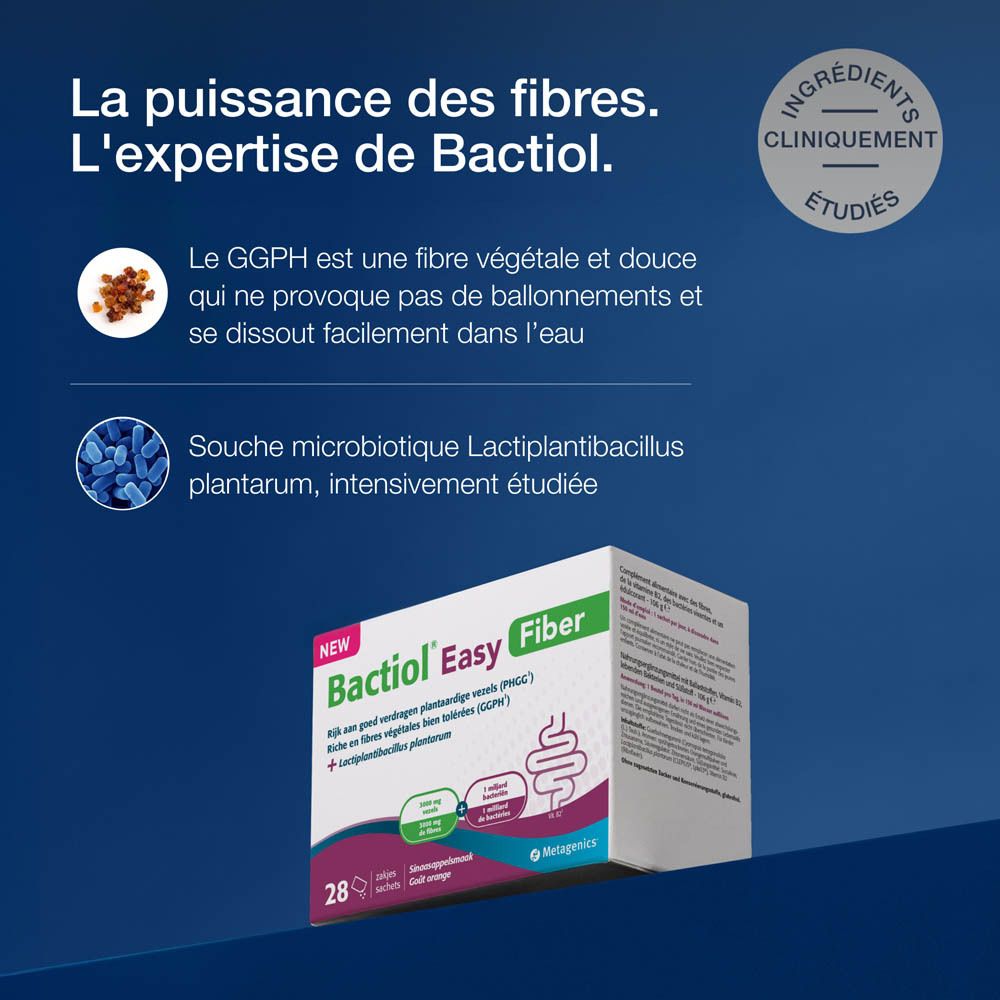 Emballage Bactiol Easy Fiber avec texte. Contient des informations sur les bienfaits des fibres.