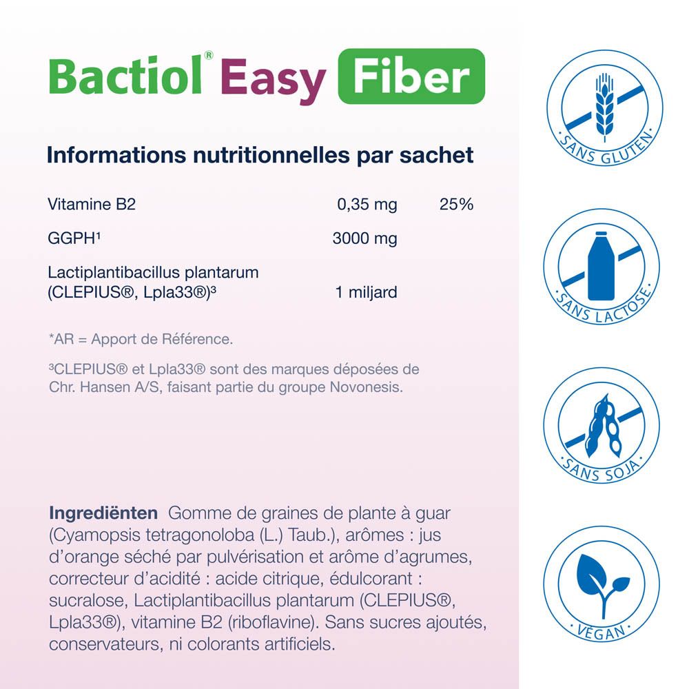 Emballage Bactiol Easy Fiber et verre d'eau. Un sachet est dissous dans 150 ml d'eau.