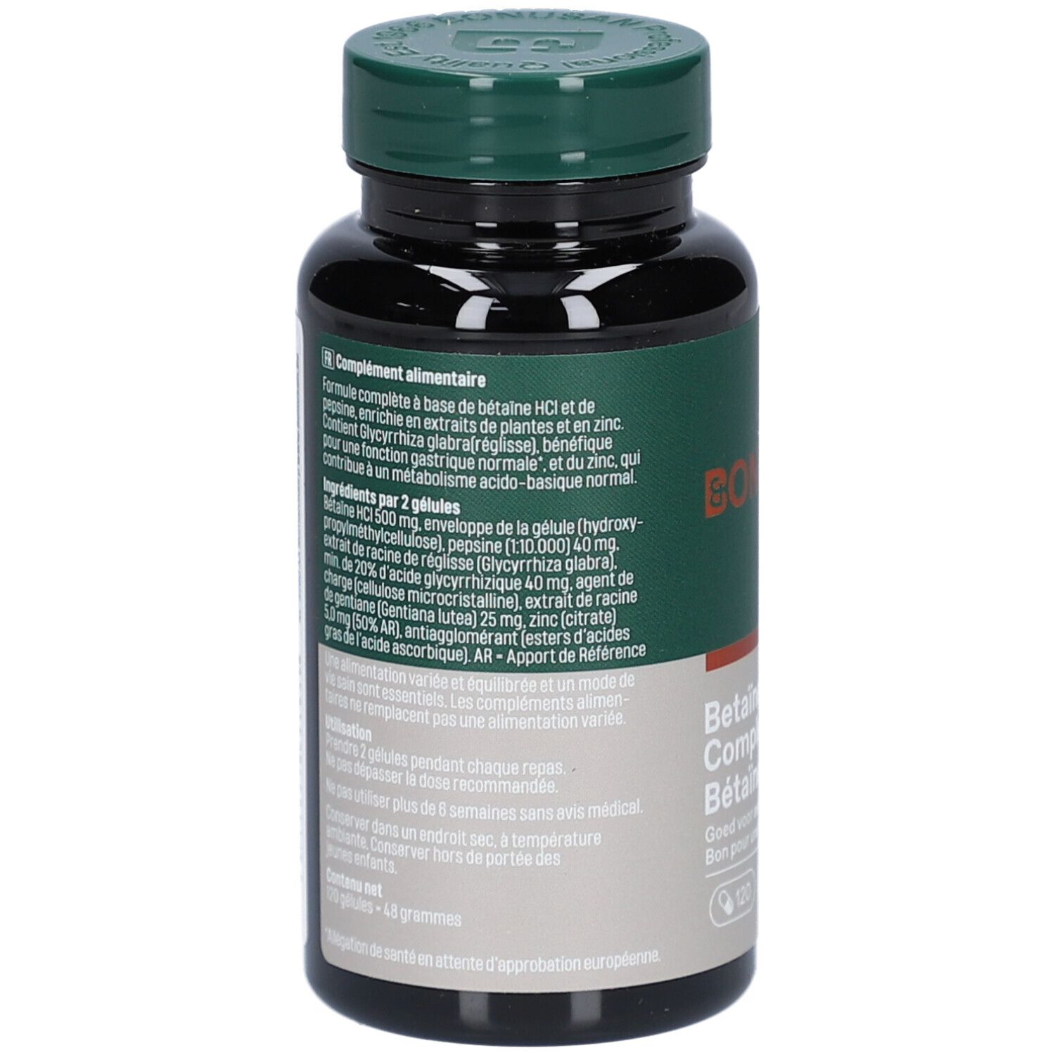 Vue arrière du flacon. Étiquette avec informations sur le produit et ingrédients. Flacon brun avec bouchon vert.