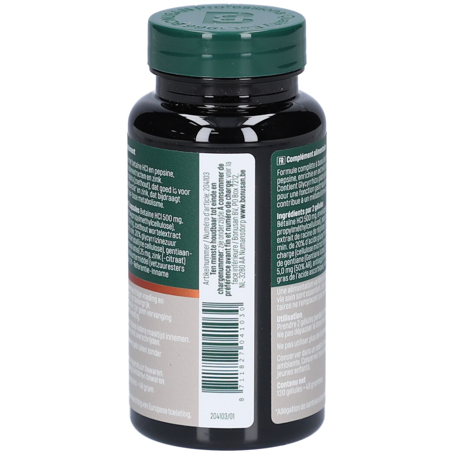 Vue arrière du flacon. Étiquette avec informations sur le produit, code-barres et numéro de lot. Flacon brun avec bouchon vert.