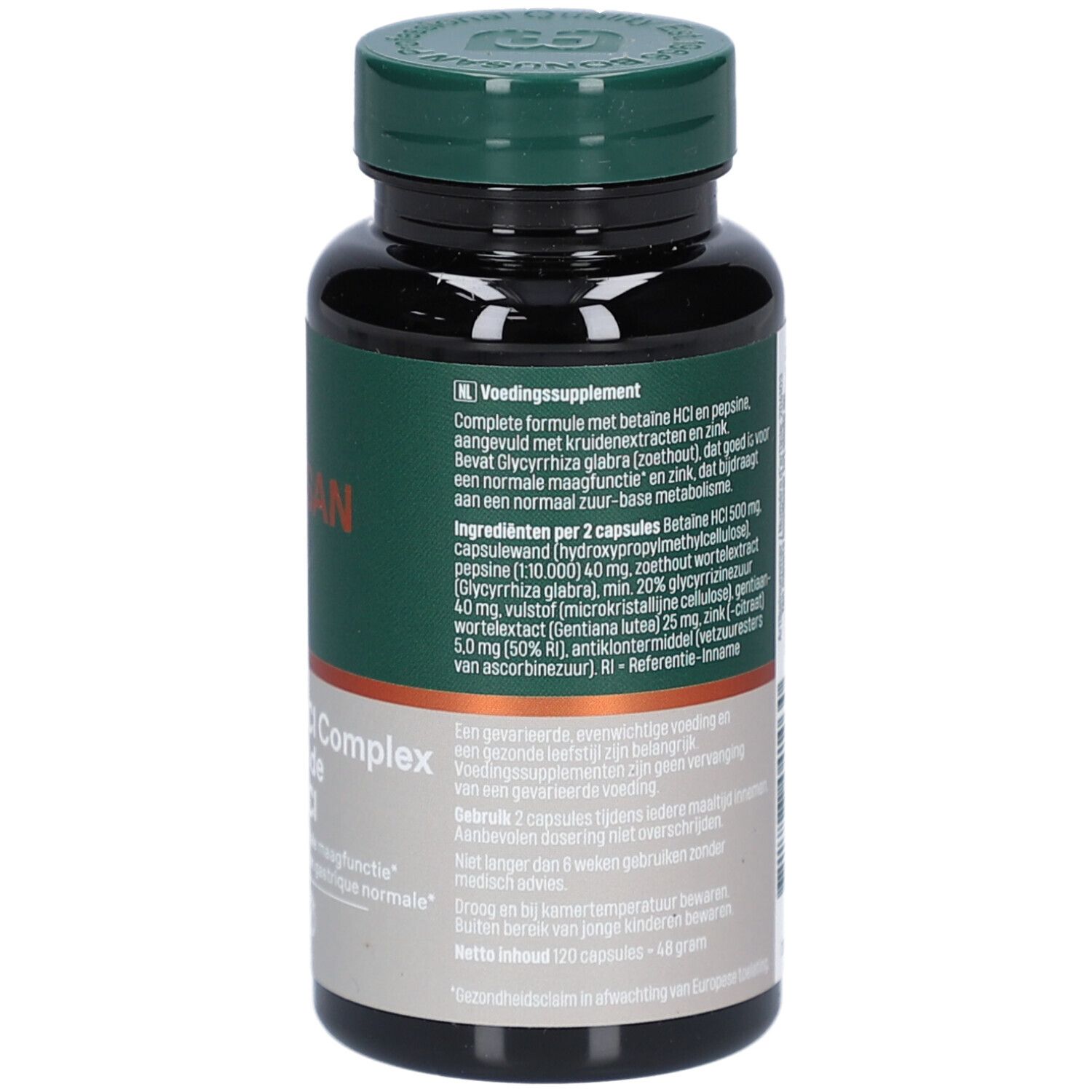 Vue arrière du flacon. Étiquette avec informations sur le produit et ingrédients. Flacon brun avec bouchon vert.