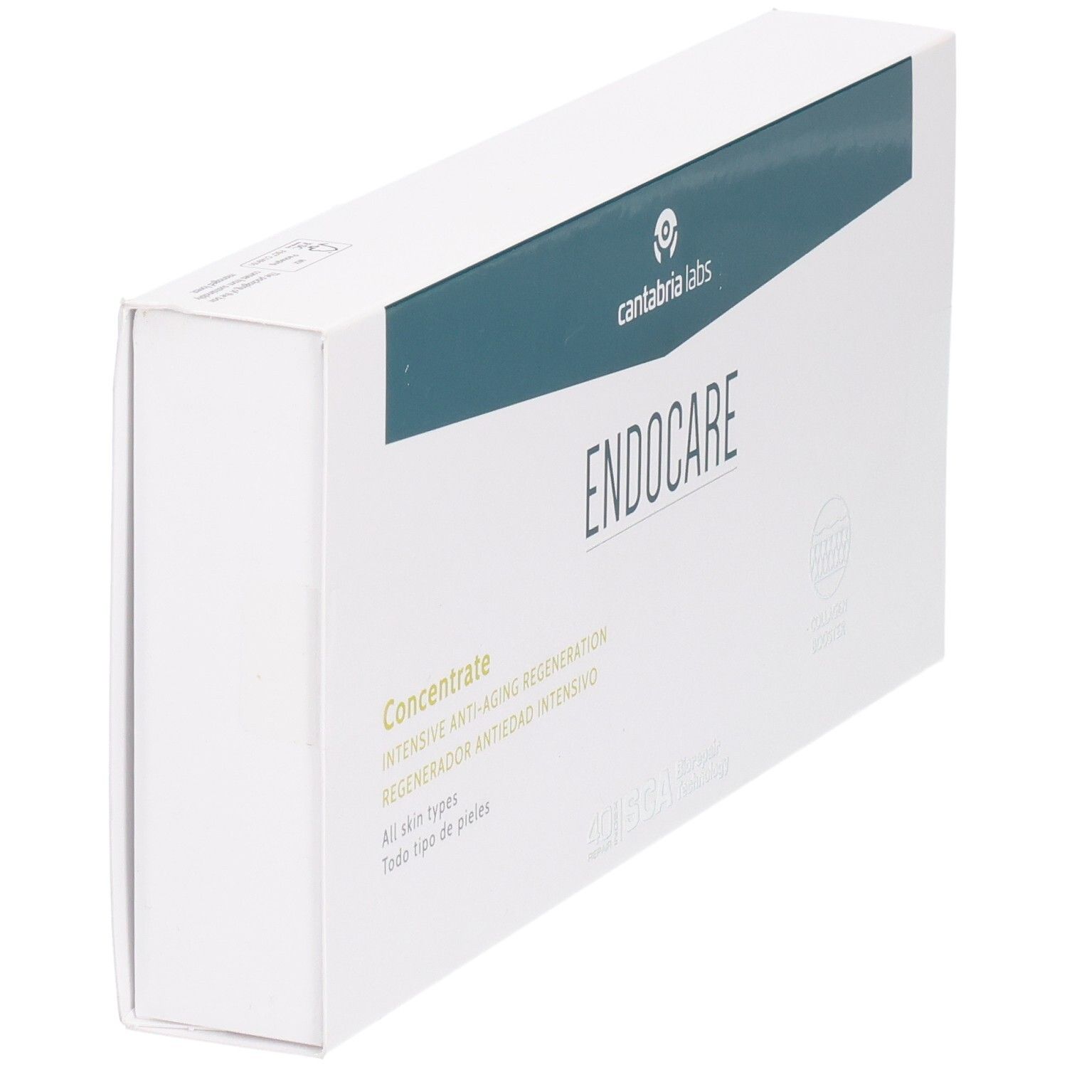 Boîte blanche avec bande verte. Inscription: Endocare. Logo: Cantabria Labs. Vue latérale.