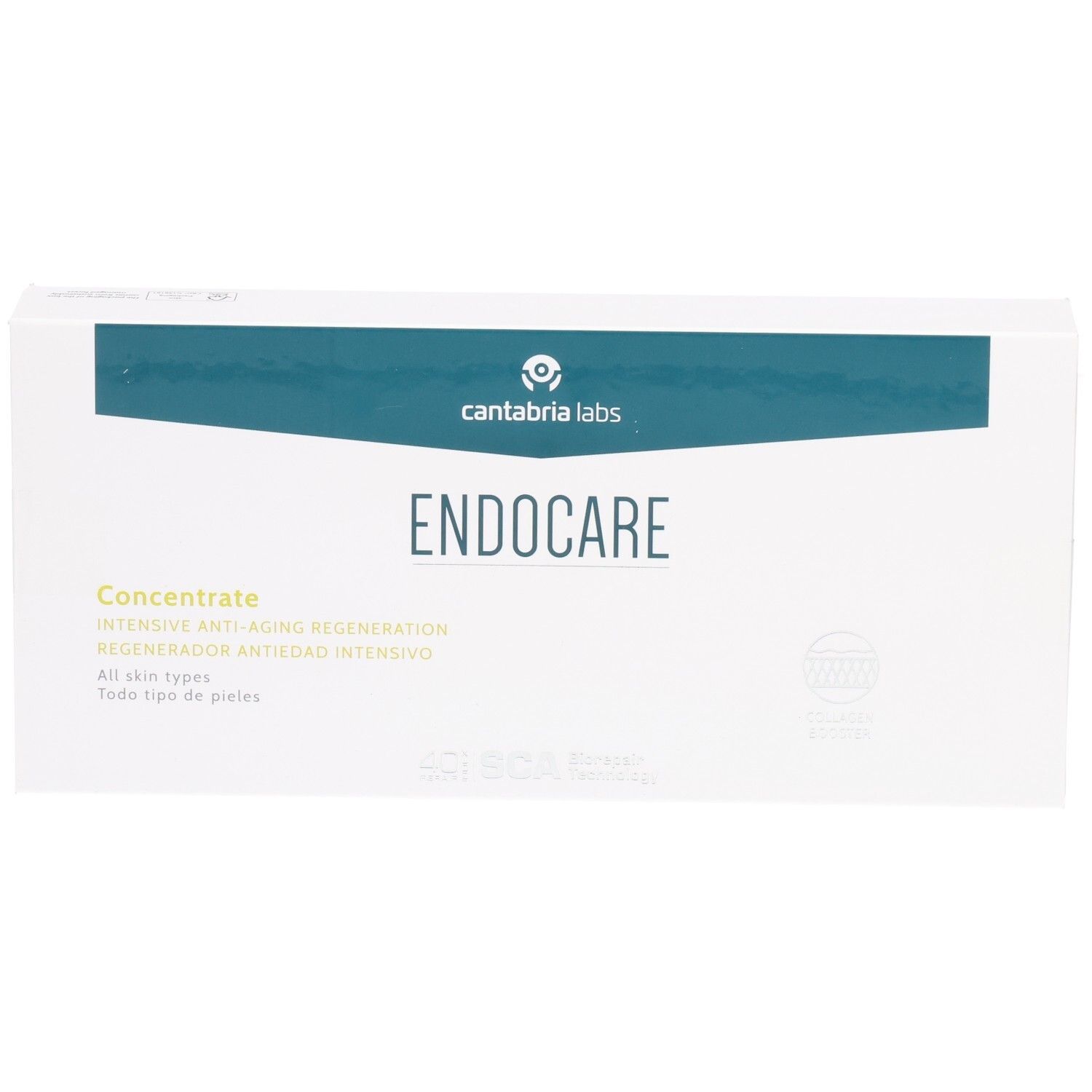 Boîte blanche avec bande verte. Inscription: Endocare, Concentrate. Logo: Cantabria Labs.