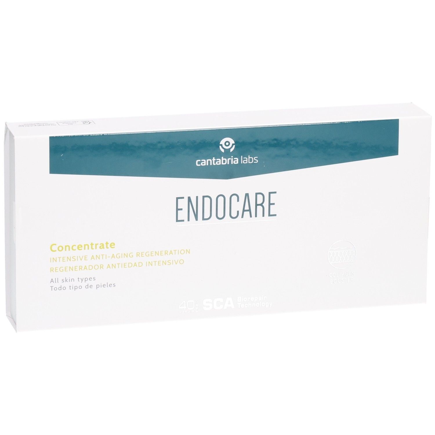 Boîte blanche avec bande verte. Inscription: Endocare, Concentrate. Logo: Cantabria Labs.