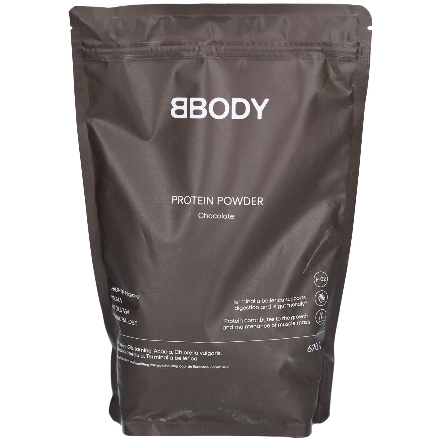 Sachet marron avec logo 'Bbody' blanc et indication 'Protein Powder Chocolate'. Contient 670g.