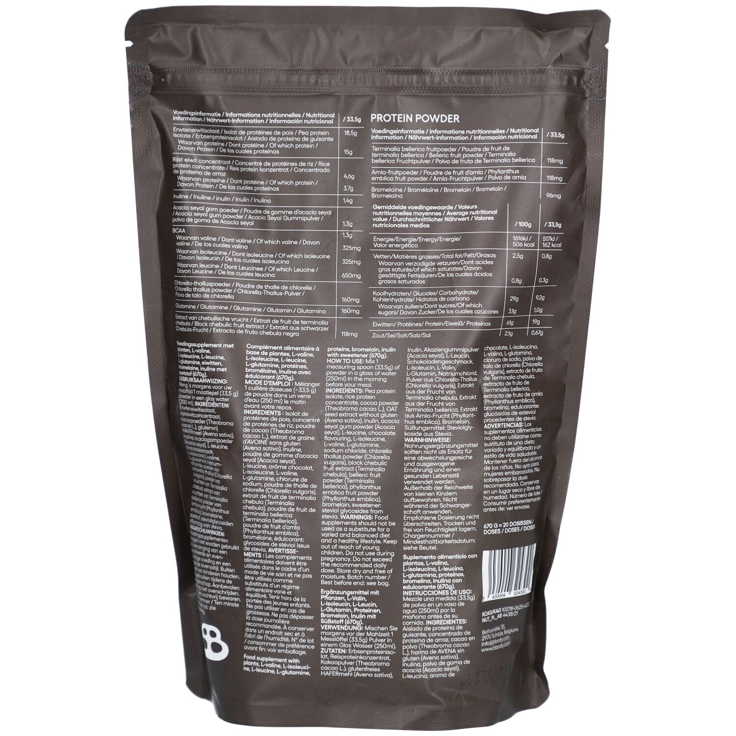 Dos du sachet marron avec texte et informations nutritionnelles. 'Protein Powder' visible en haut.