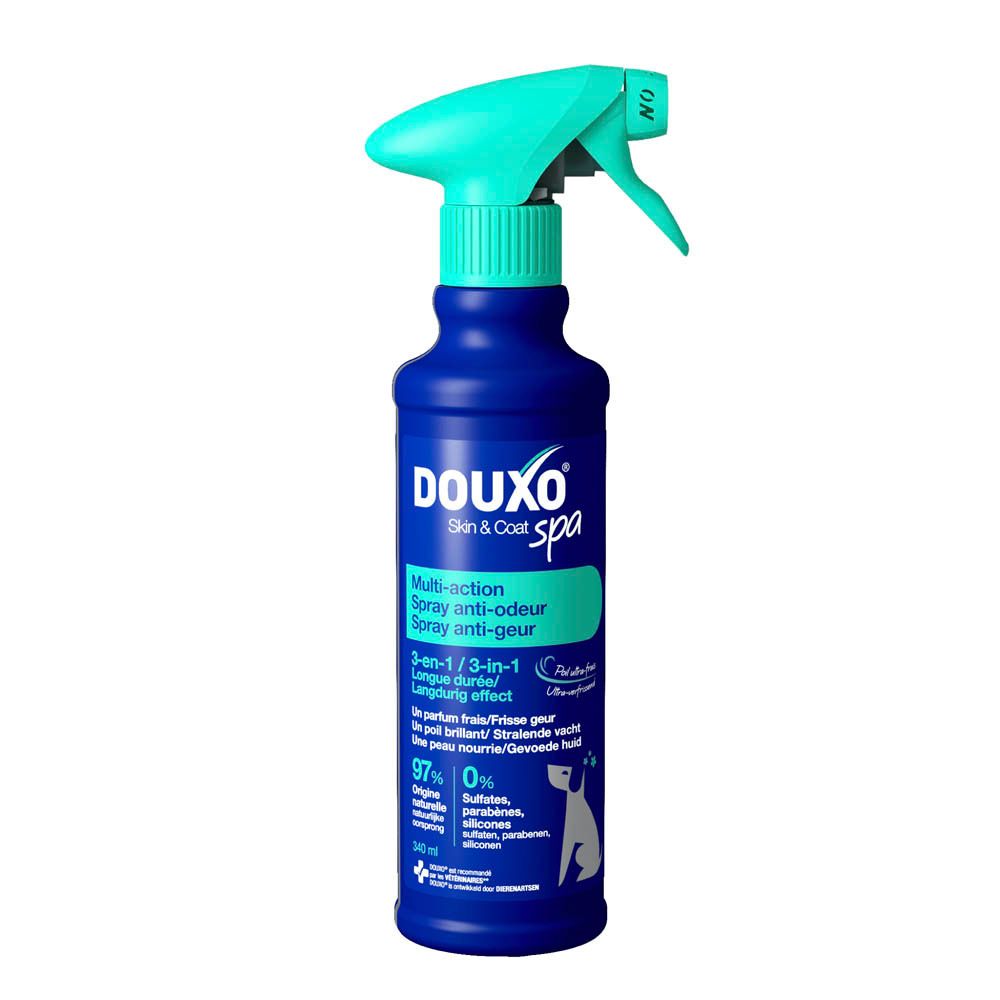 Bouteille de spray Douxo SPA avec tête de pulvérisation, vue de face.