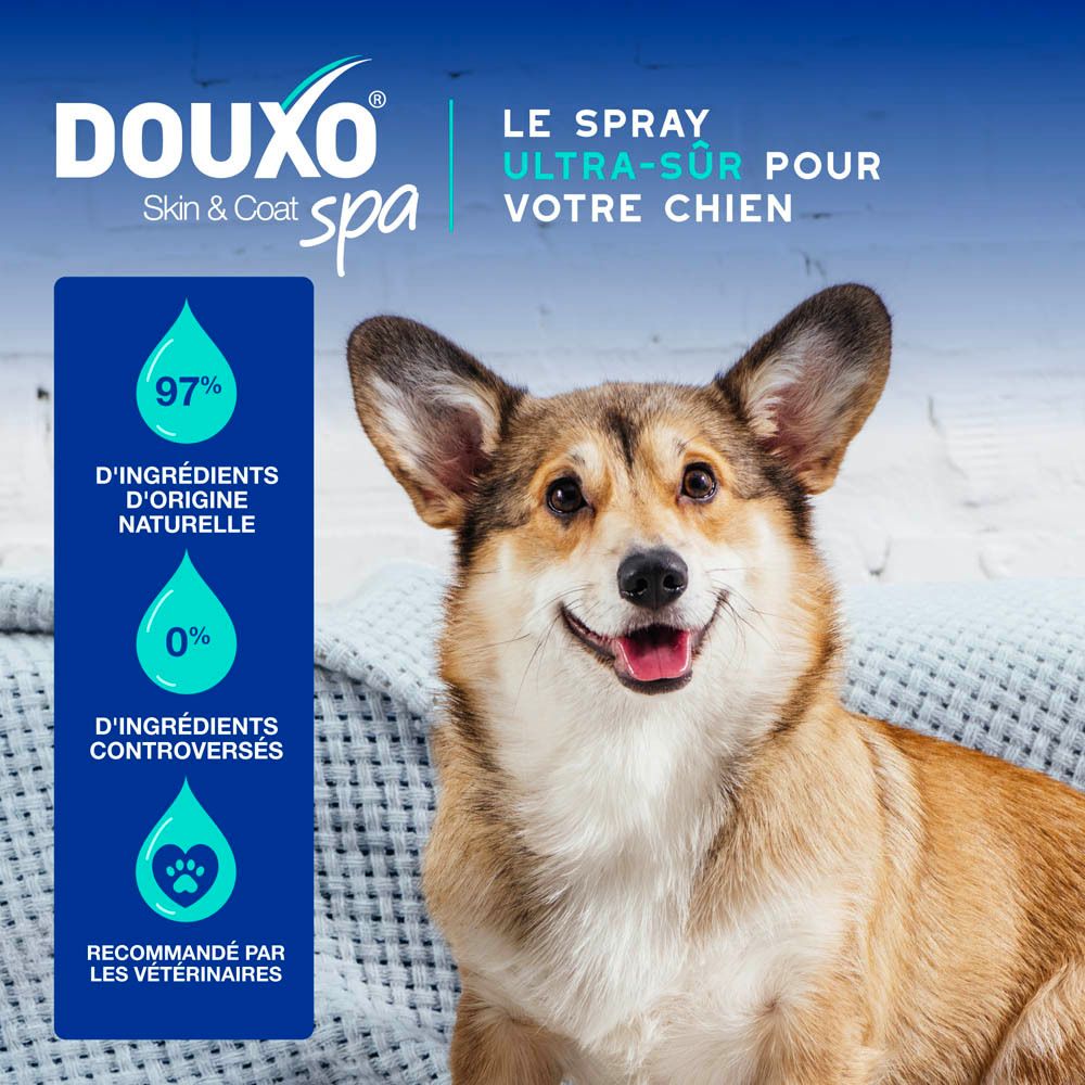 Bouteille de spray Douxo SPA avec tête de pulvérisation, vue de face.