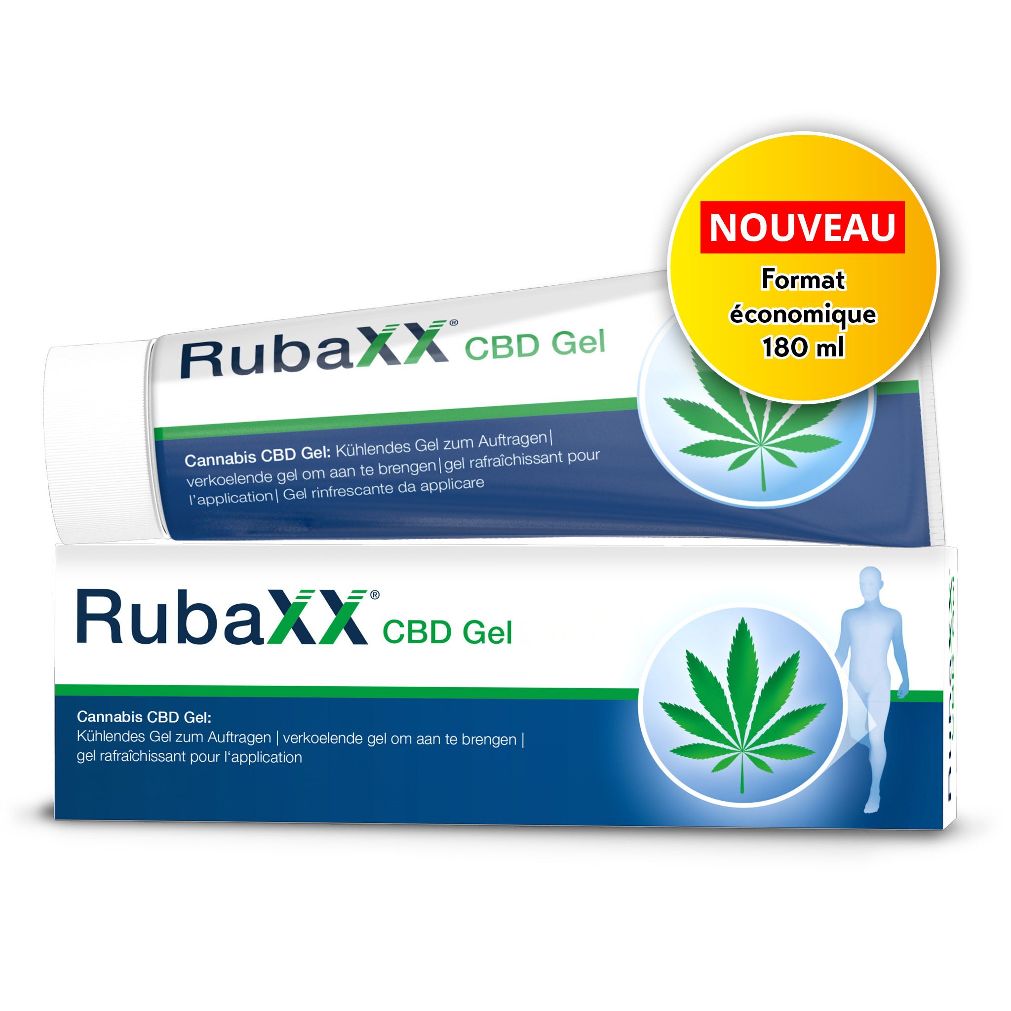 Tube et boîte. Texte: Rubaxx CBD Gel. Logo feuille de cannabis. 180 ml de gel. Nouveau.